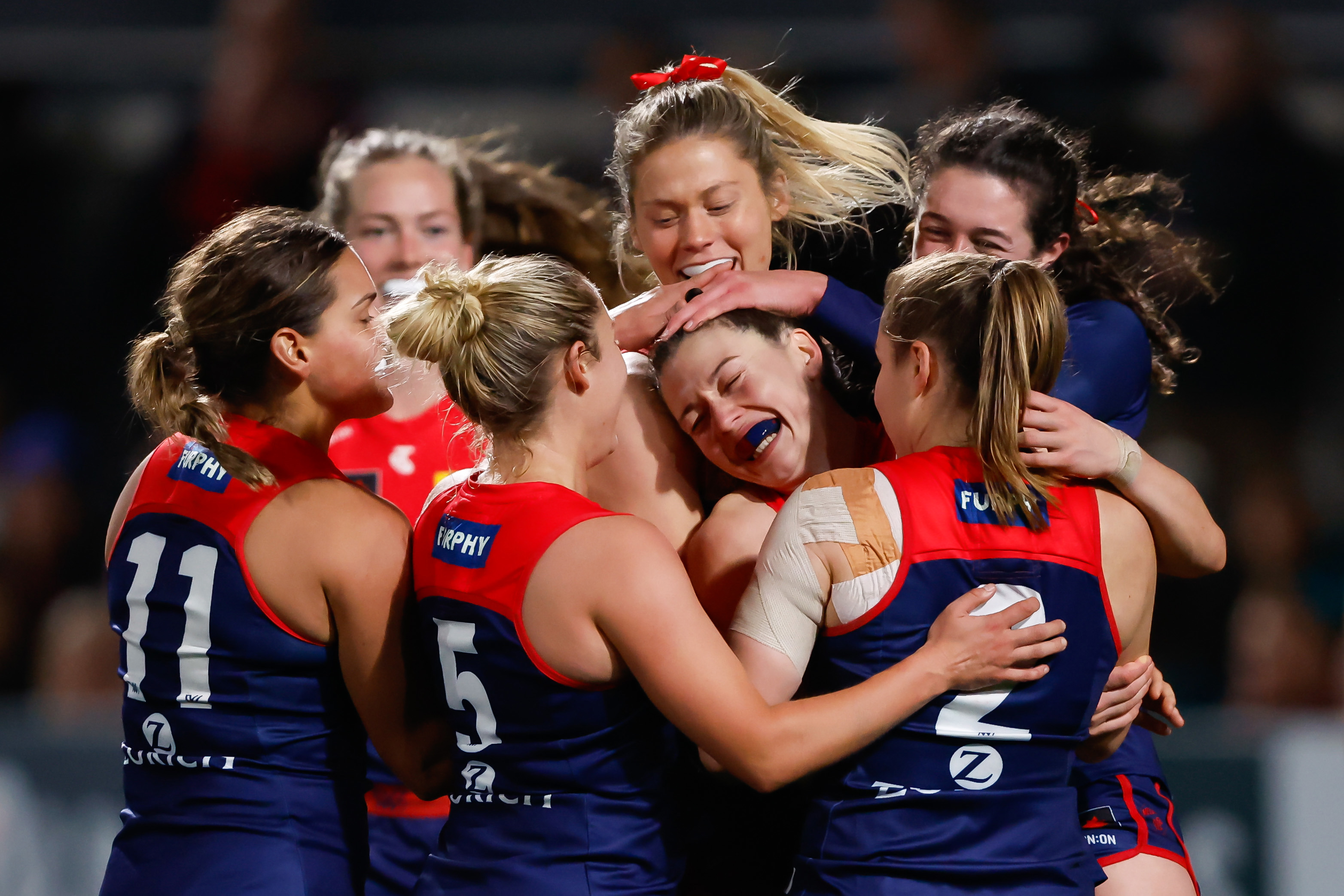 Shelley Heath celebrates one of her two goals against Collingwood.