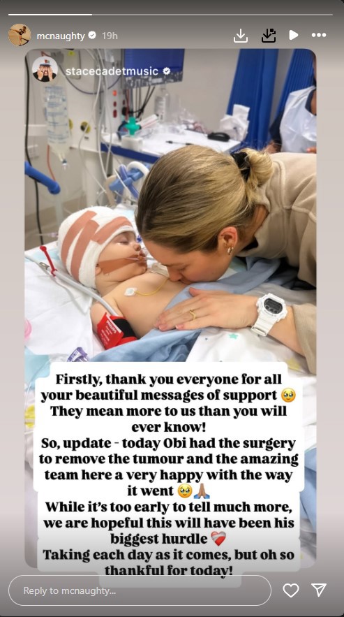 Erin McNaught son Obi brain tumour surgery