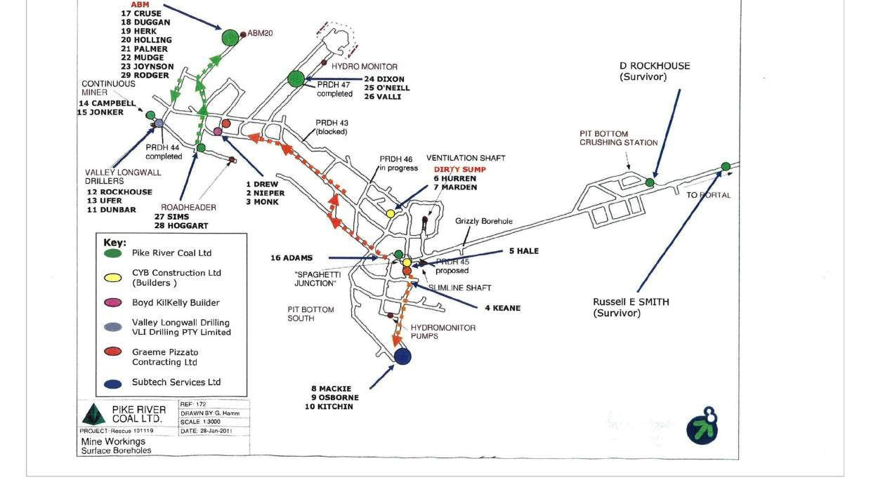 This map depicts the last known position of the 29 men who died and two who survived in the Pike River Mine disaster.