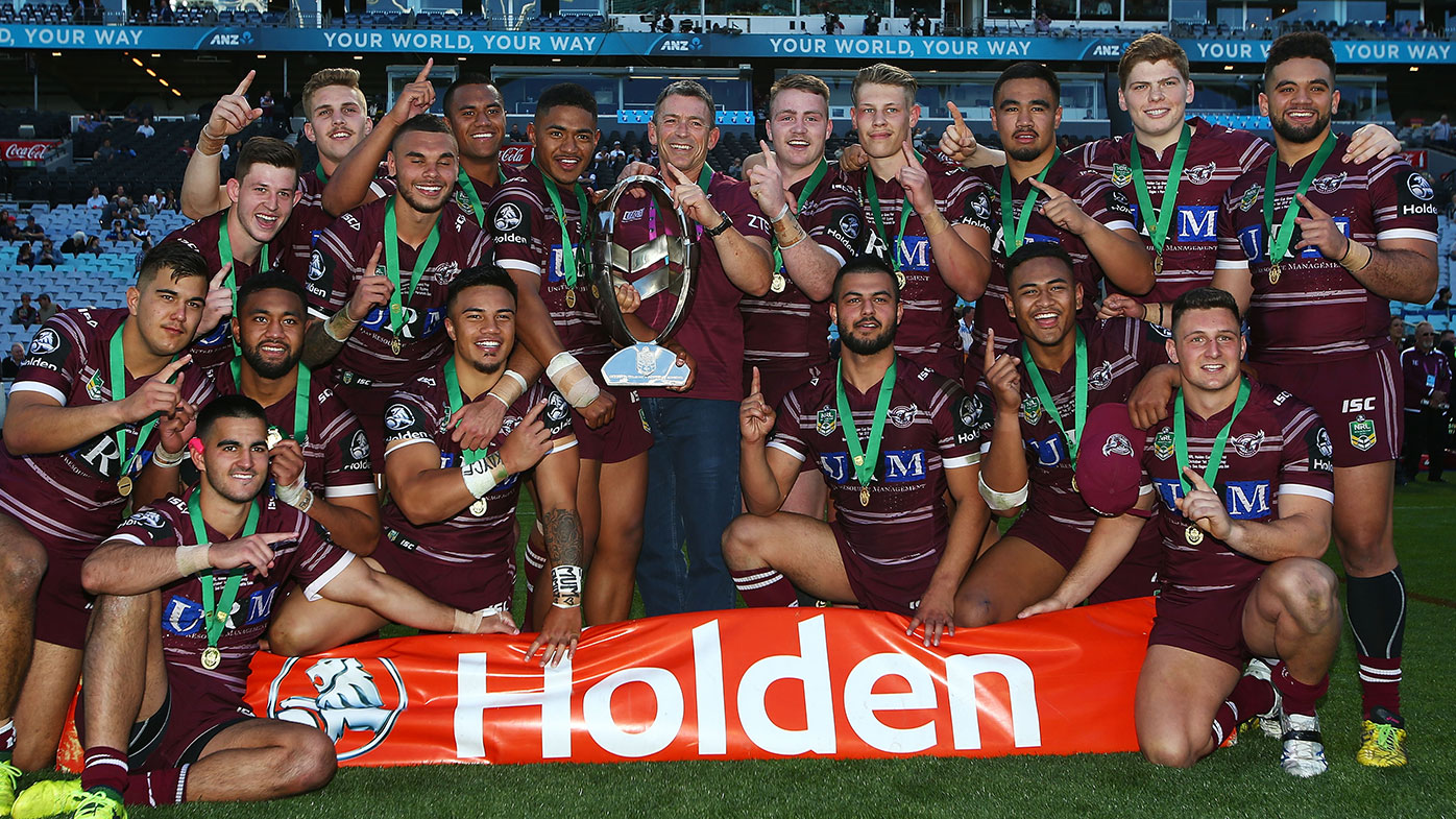 The Sea Eagles celebrate after winning the 2017 Holden Cup Grand Final match between the Manly Sea Eagles and the Parramatta Eels at ANZ Stadium on October 1, 2017 in Sydney, Australia. (Photo by Matt Blyth/Getty Images)