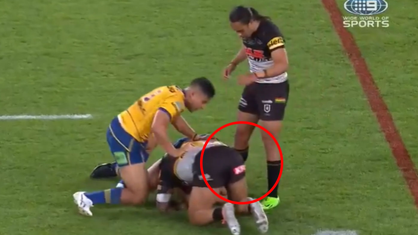 Luai appared to kick Papali'i in the back with his right leg as the Eels star laid on the turf