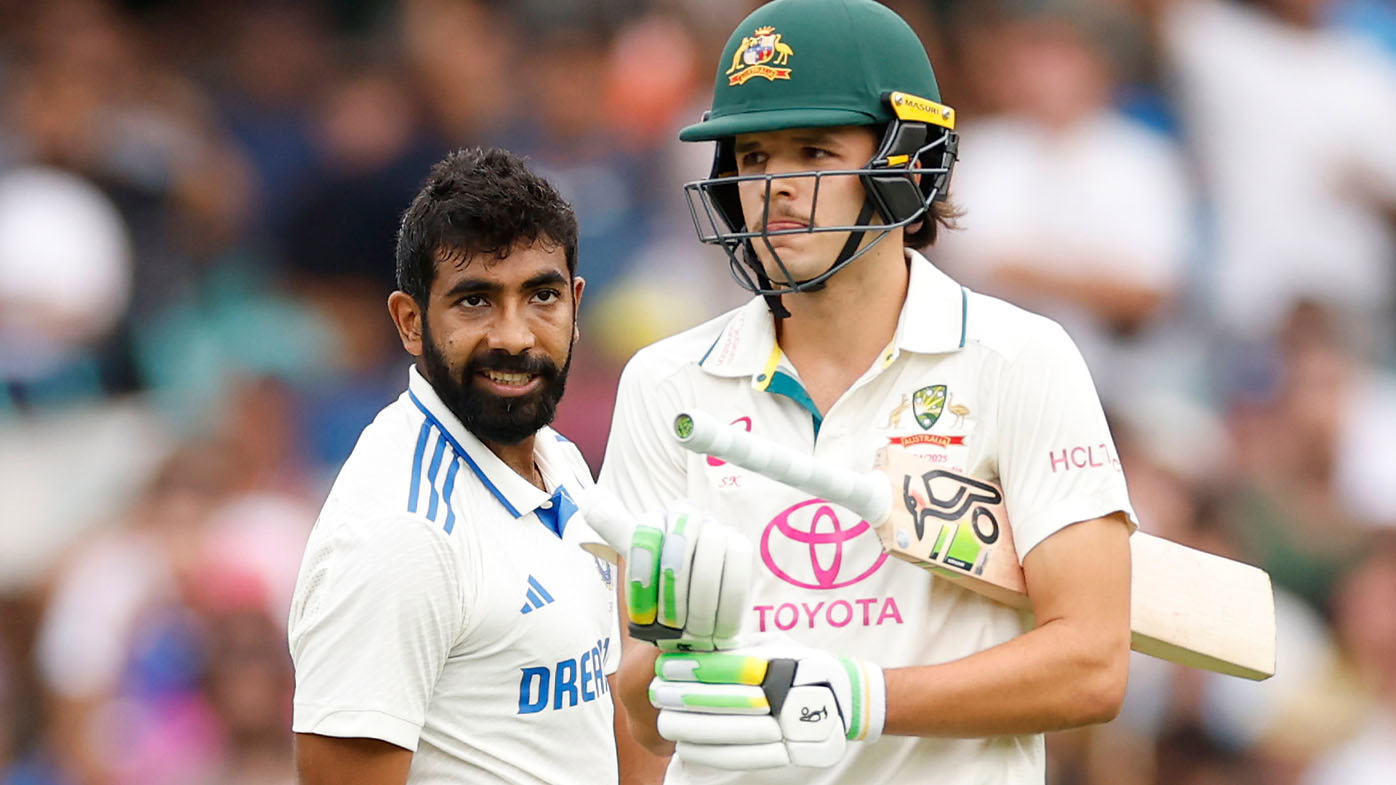 Sam Konstas and Jasprit Bumrah at stumps on day one of the Sydney Test.