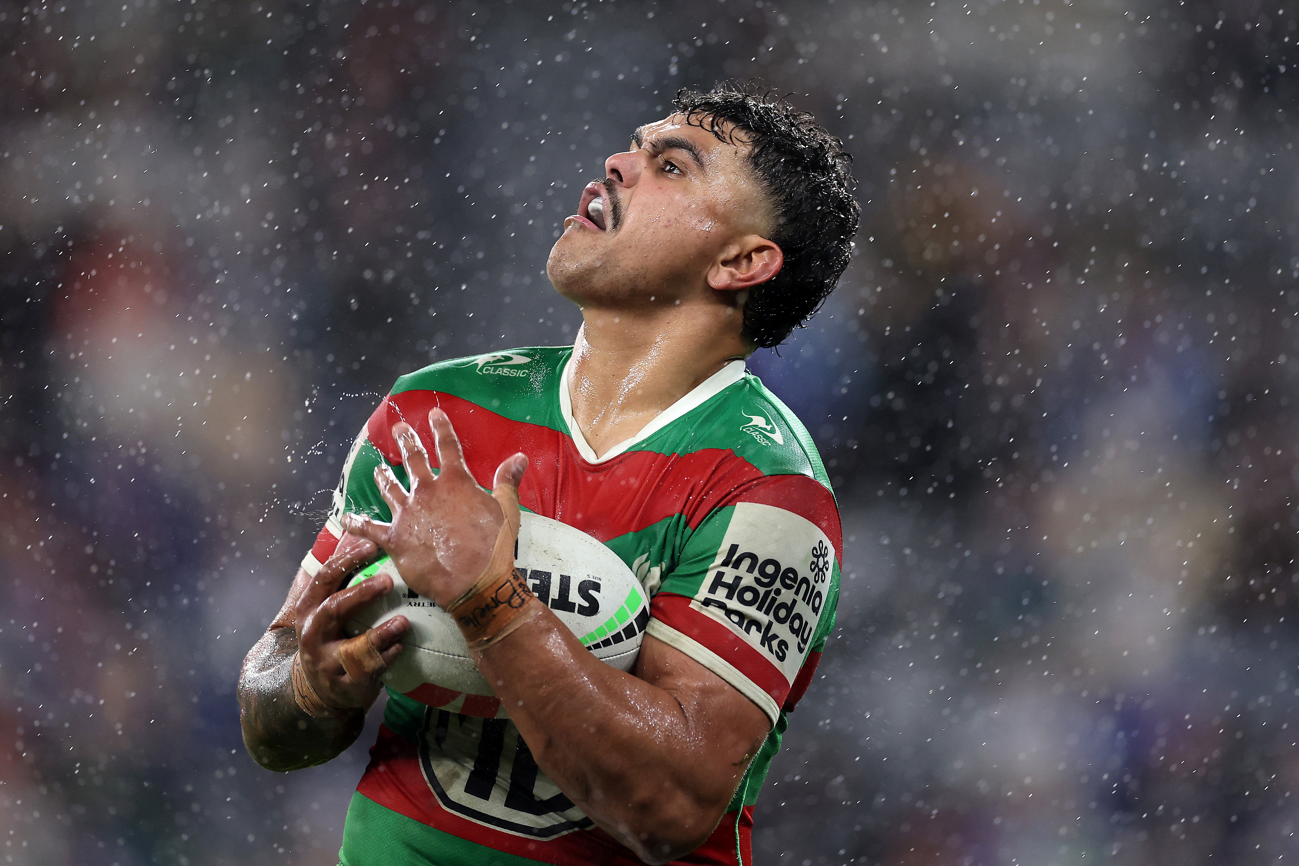 Latrell Mitchell of the Rabbitohs takes a high ball during the round 18 NRL match against the Parramatta Eels at CommBank Stadium, on July 04, 2024, in Sydney, Australia. 