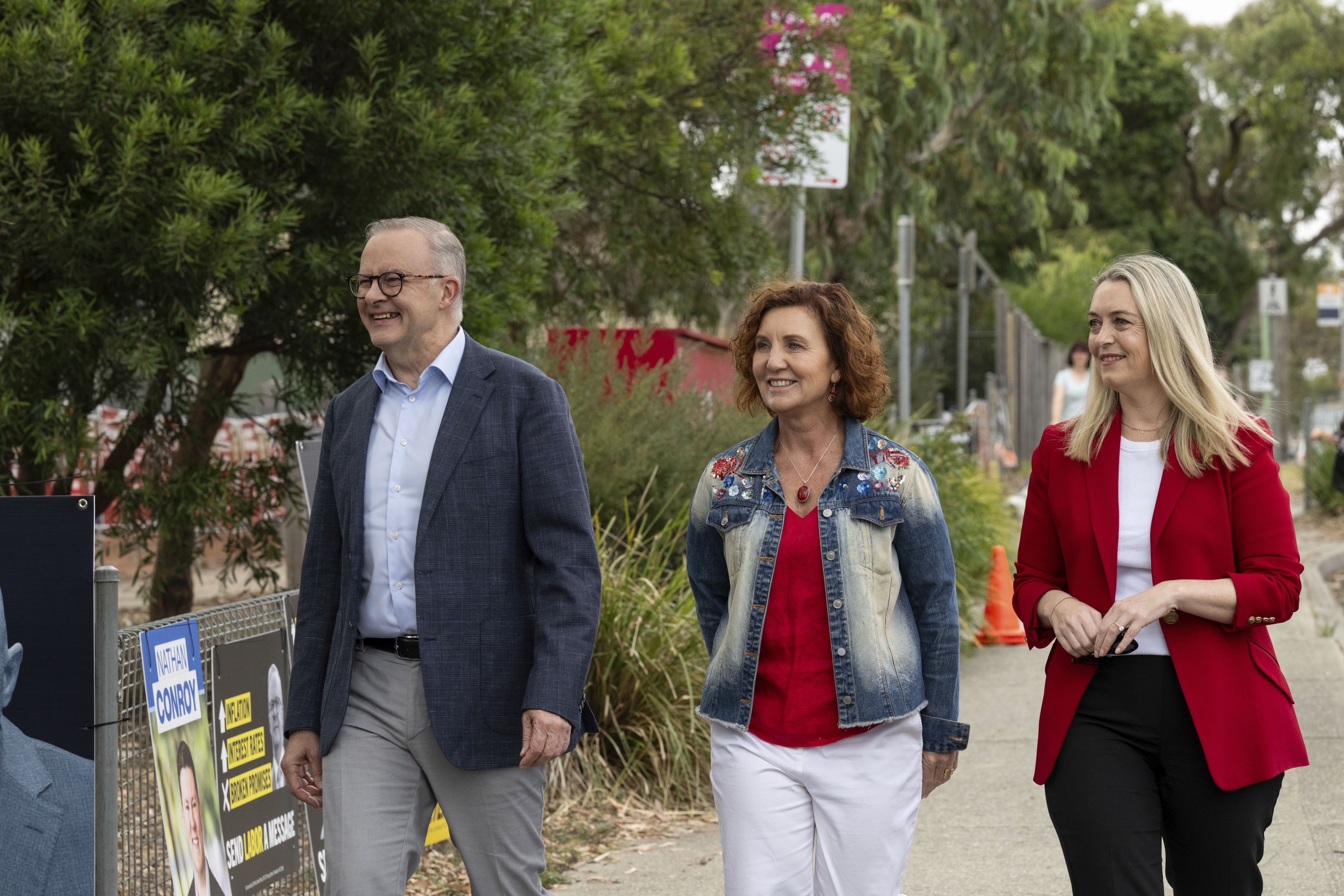 The Prime Minister Anthony Albanese and Labor candidate for Dunkley Jodie Belyea at Derinya Primary School in Frankston South, Melbourne where Jodie voted in the Dunkley by-election. The PM's fiancee Josie Haydon accompanied them. The Age. Picture: Penny Stephens. Saturday 2nd March 2024