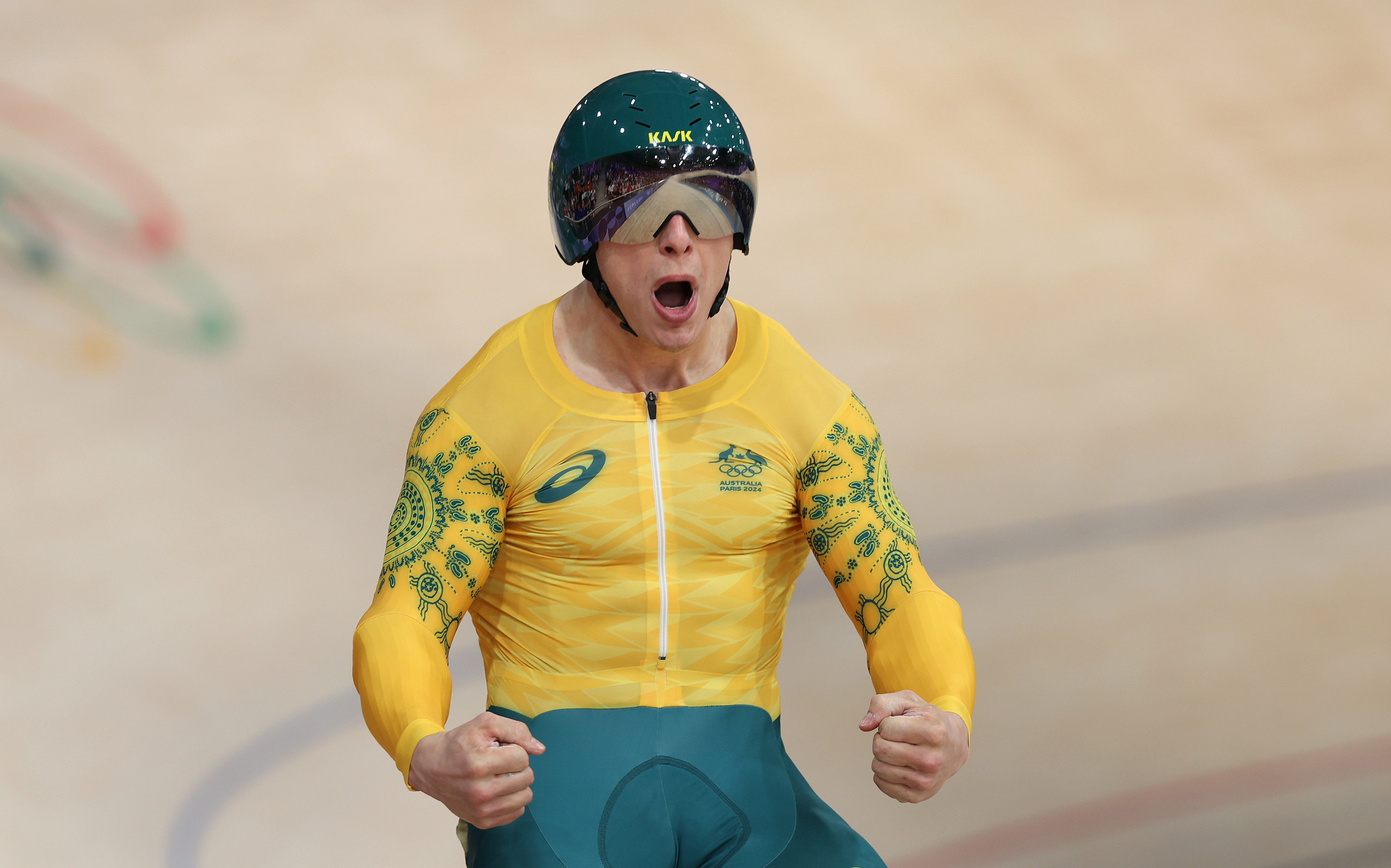 Matthew Richardson of Australia celebrates as sprint winner after the men's sprint quarter-finals on day thirteen of the Olympic Games.