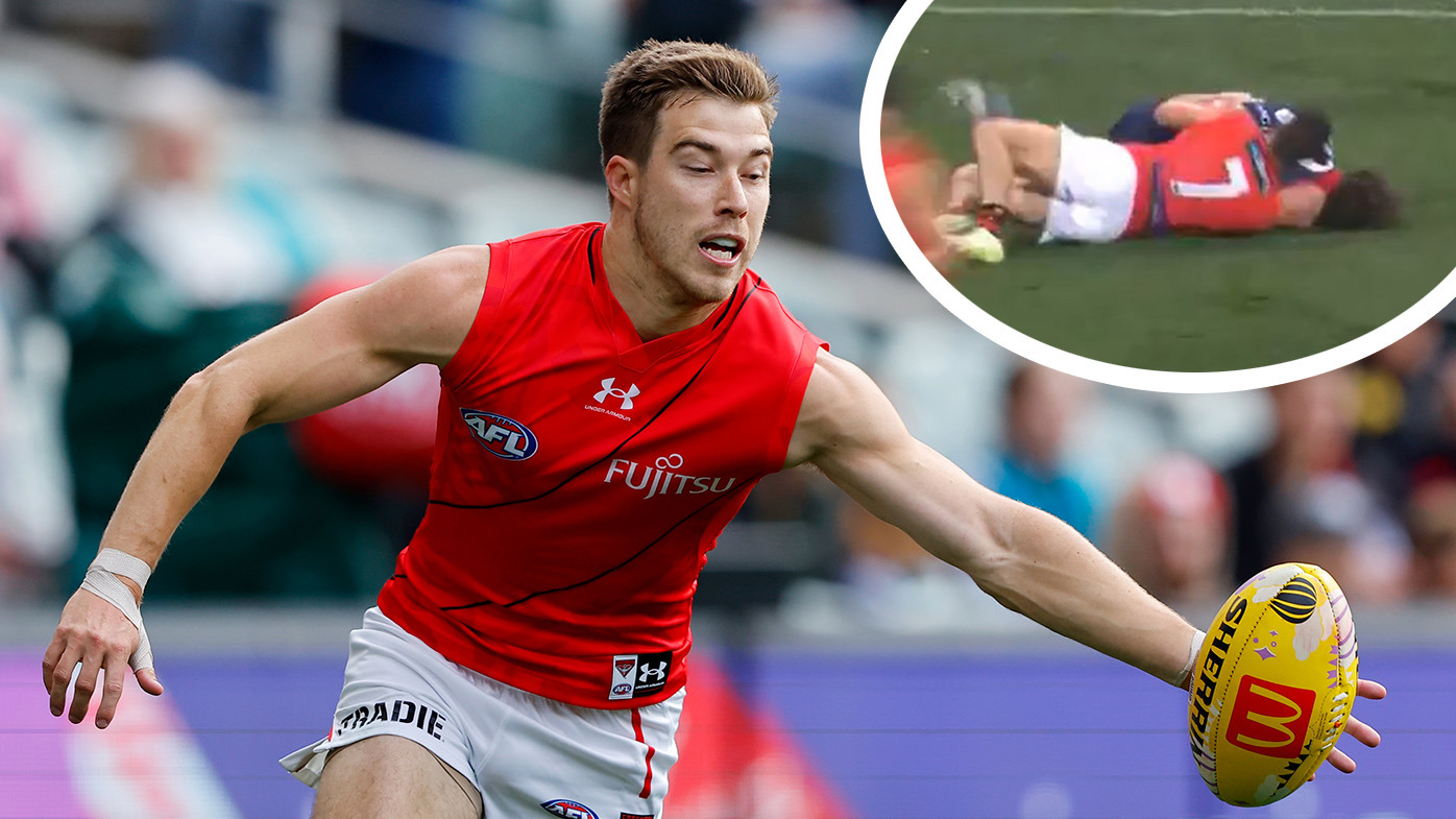 Bombers captain Zach Merrett. Inset: tackle on Tom Sparrow