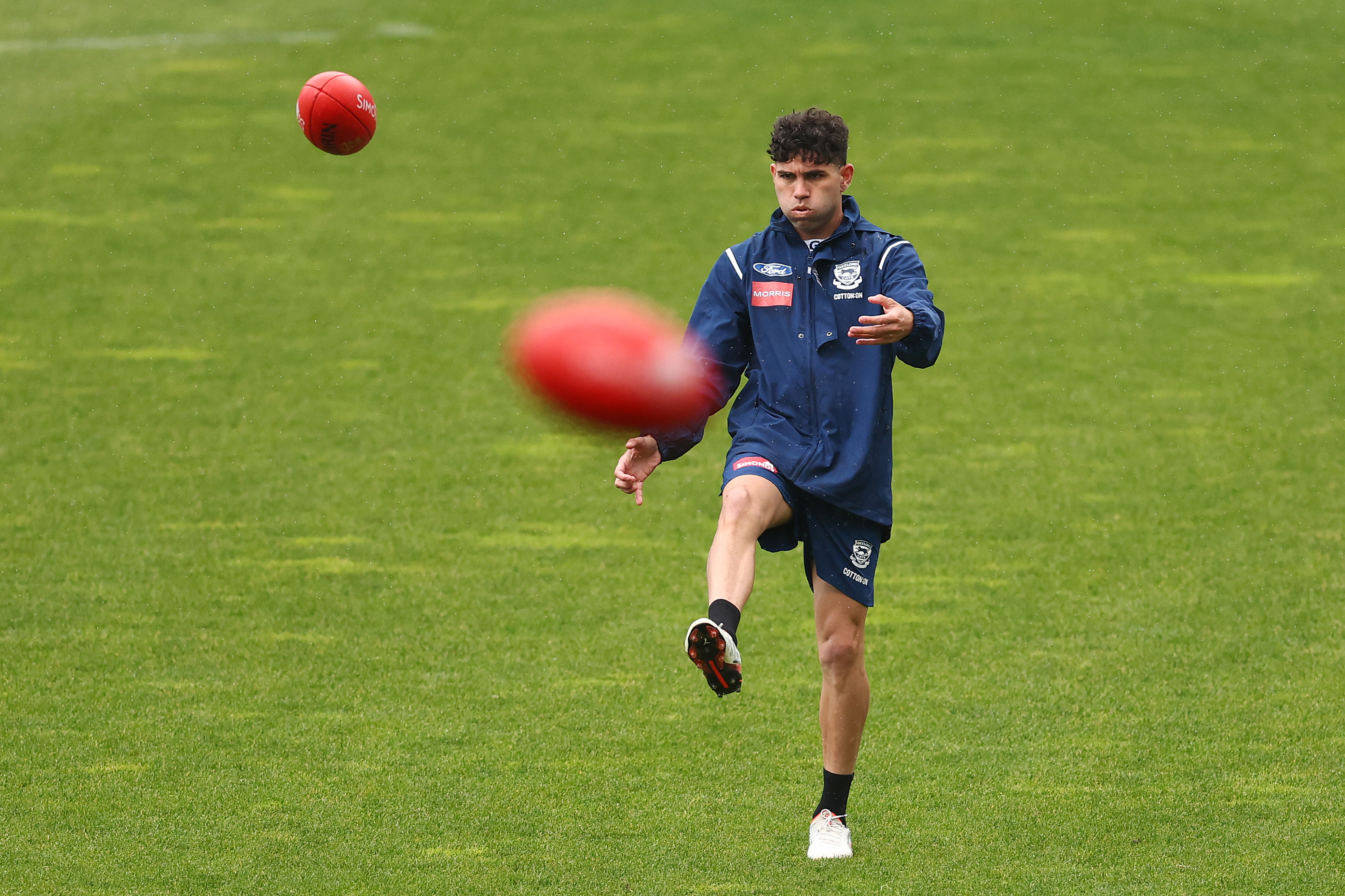 Tyson Stengle of the Cats trains during a Geelong Cats Training Session at GMHBA Stadium on September 22, 2025 in Geelong, Australia. (Photo by Morgan Hancock/Getty Images)
