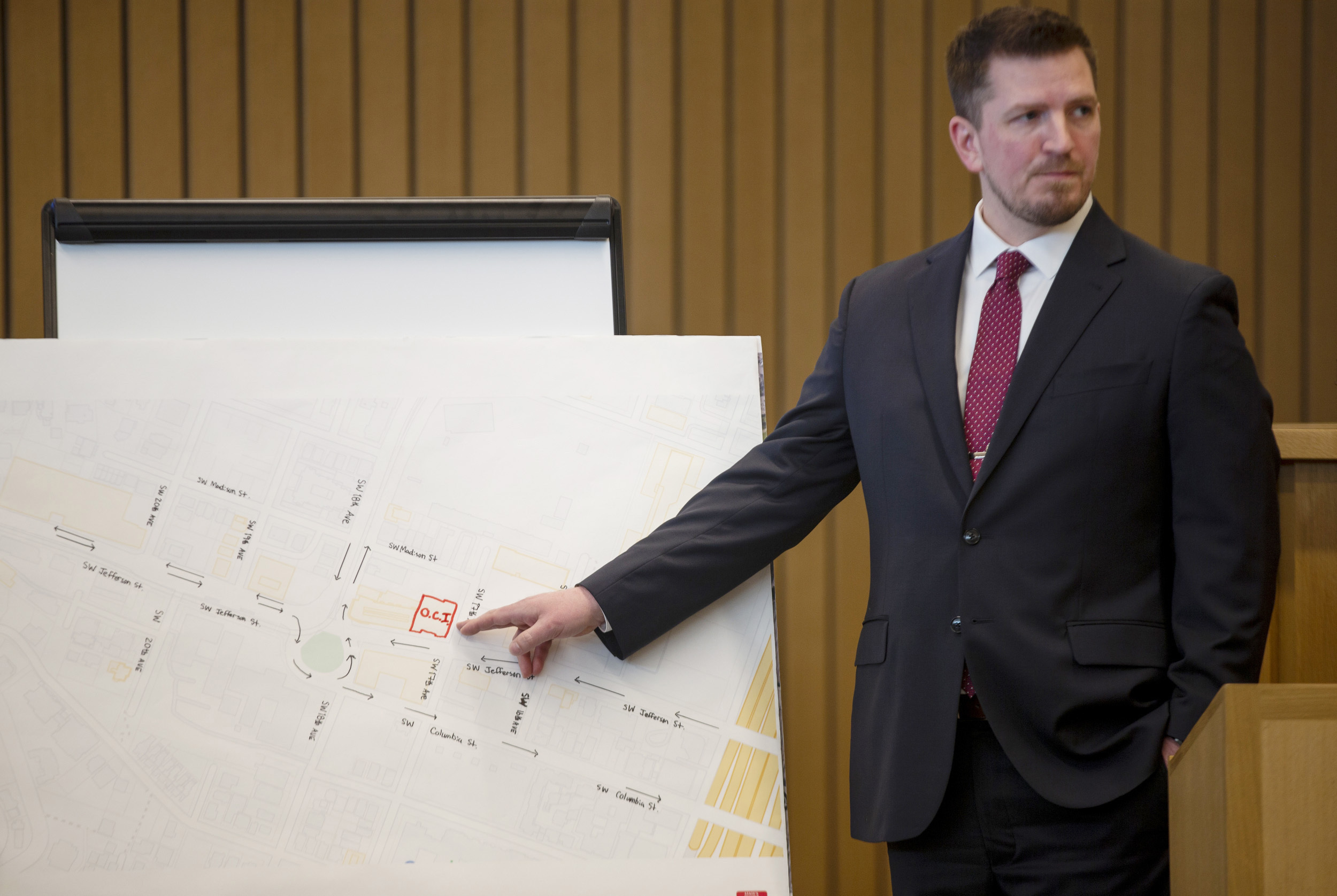 Prosecutor Shawn Overstreet presents his opening statement at the murder trial of romance writer Nancy Crampton Brophy in Portland.