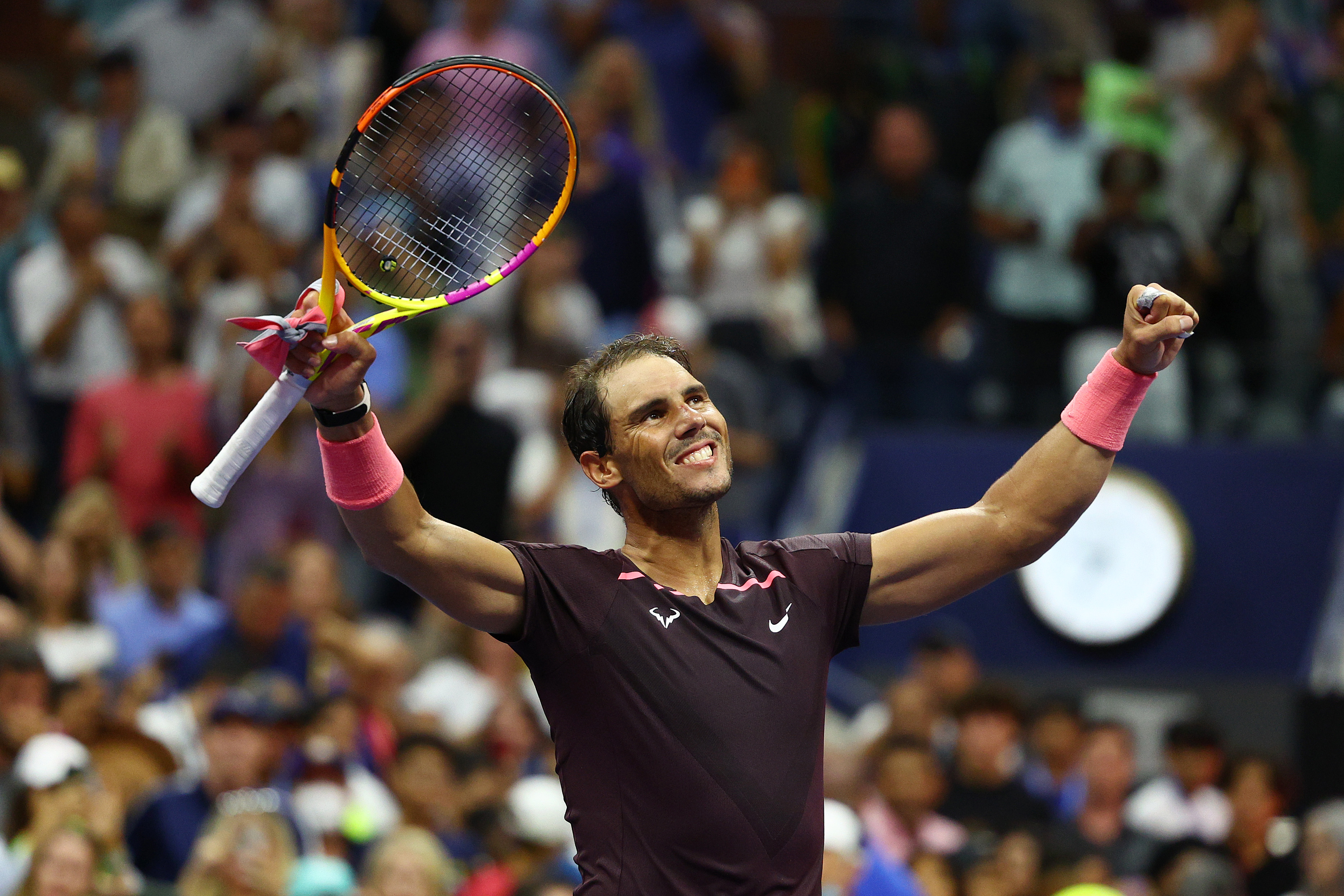 Rafael Nadal of Spain celebrates a win against Richard Gasquet of France during their Men's Singles Third Round match on Day Six of the 2022 US Open at USTA Billie Jean King National Tennis Center on September 03, 2022 in the Flushing neighborhood of the Queens borough of New York City. (Photo by Elsa/Getty Images)
