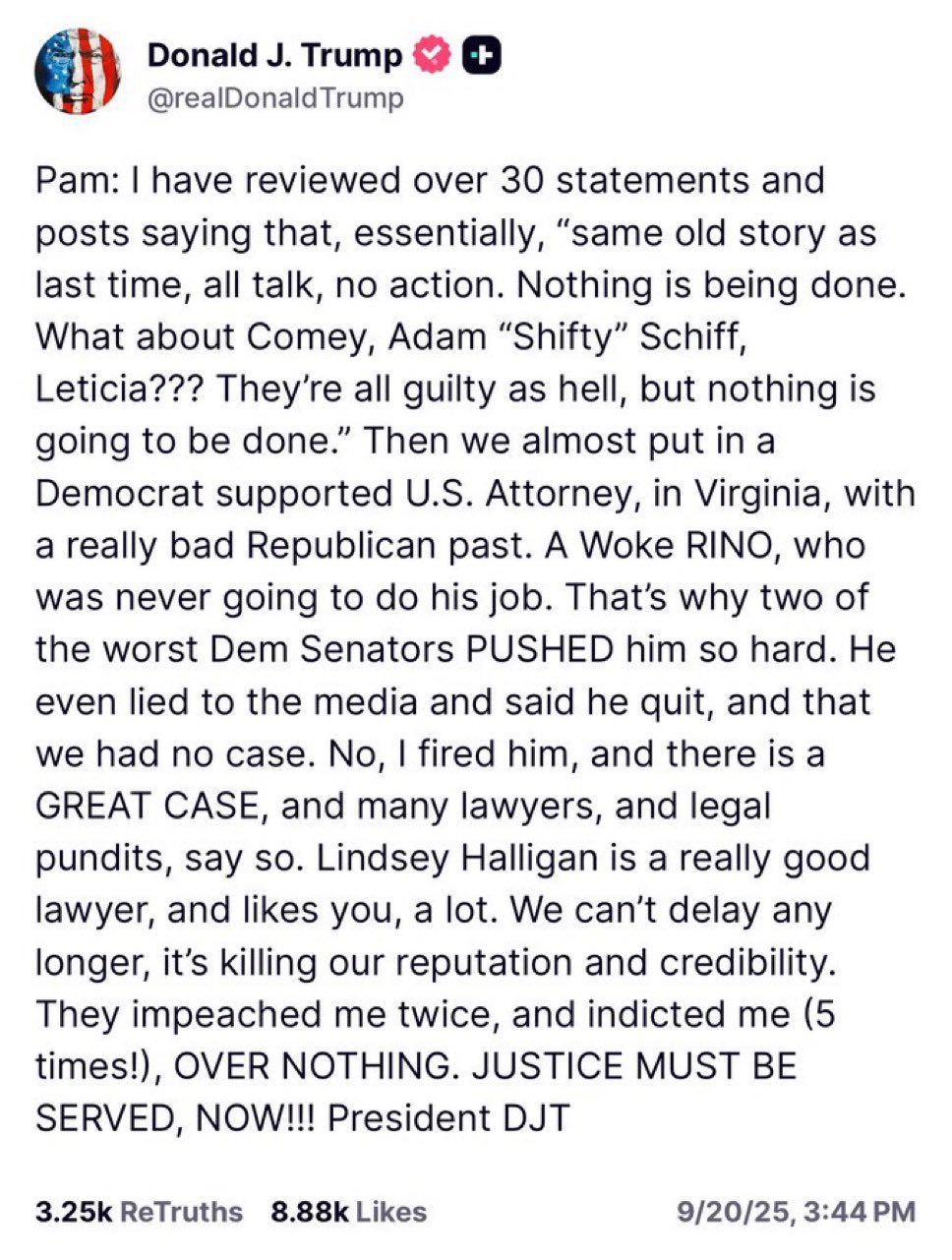 'We can't delay any longer': Donald Trump urges Pam Bondi to prosecute his rivals