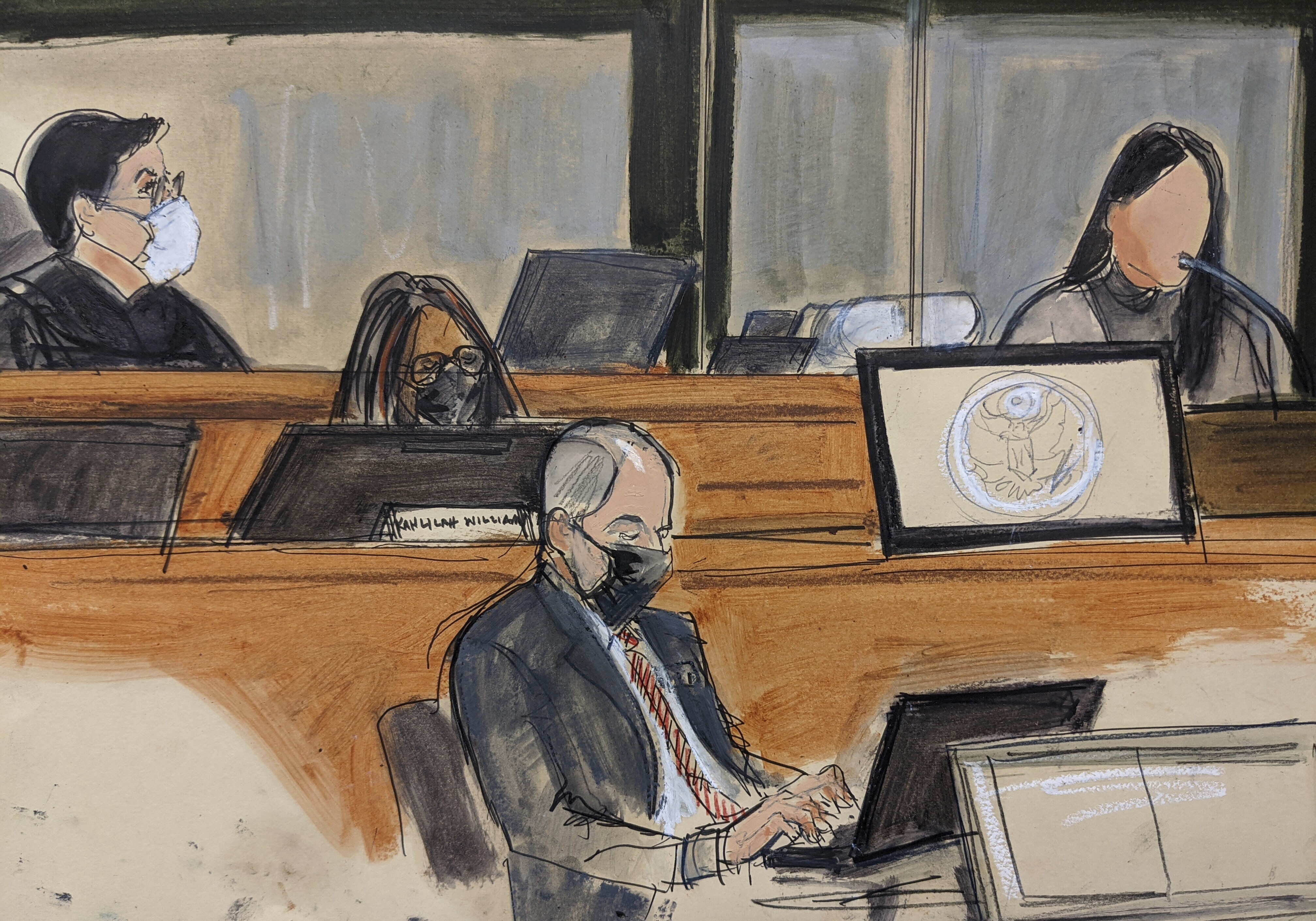 Judge Alison Nathan, far left, listens as a witness using the pseudonym "Jane" testifies during Ghislaine Maxwell's trial.