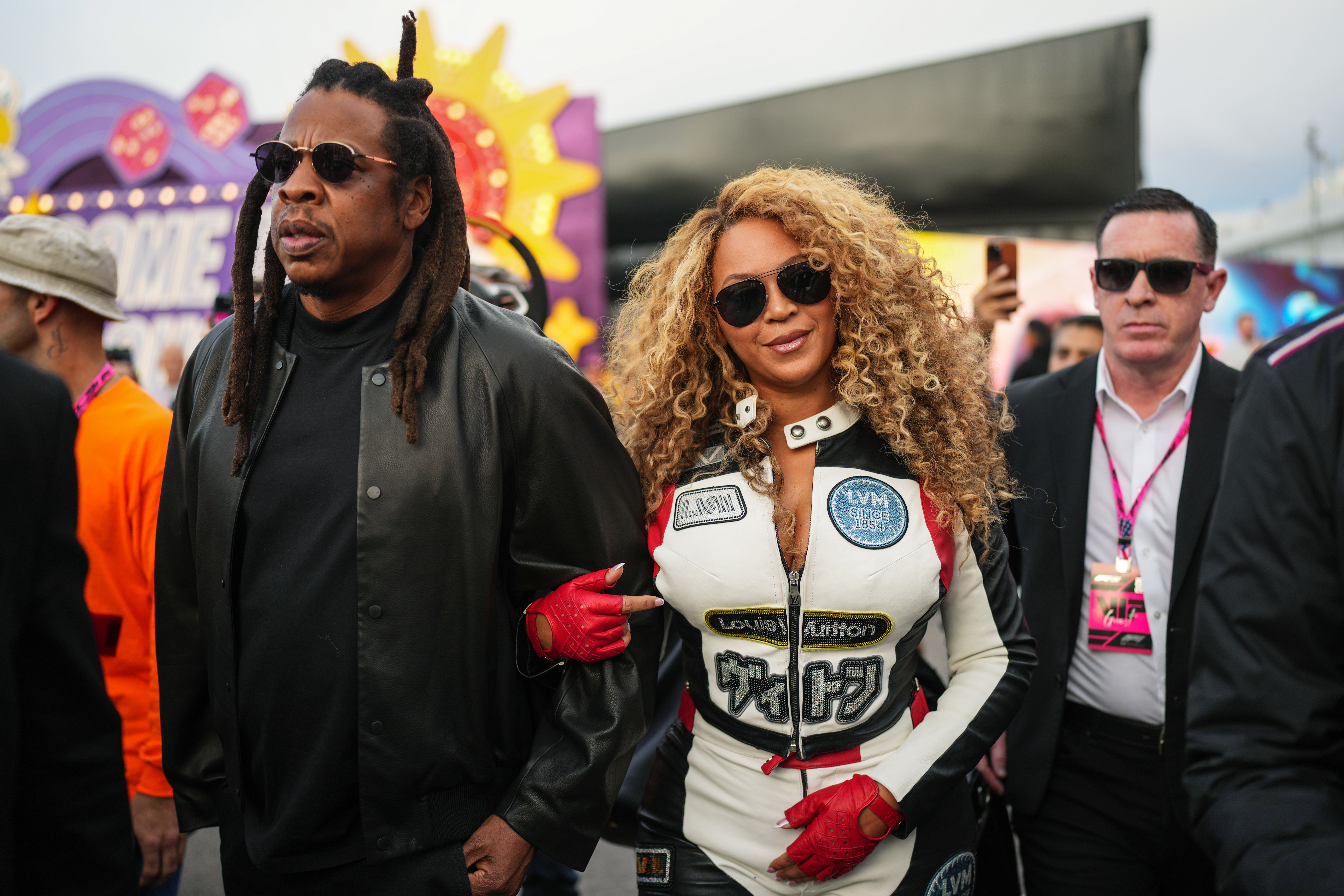 LAS VEGAS, NEVADA - NOVEMBER 22: Jay-Z and Beyonce arrive in the Paddock prior to the F1 Grand Prix of Las Vegas at Las Vegas Strip Circuit on November 22, 2025 in Las Vegas, Nevada. (Photo by Alex Bierens de Haan/Getty Images)