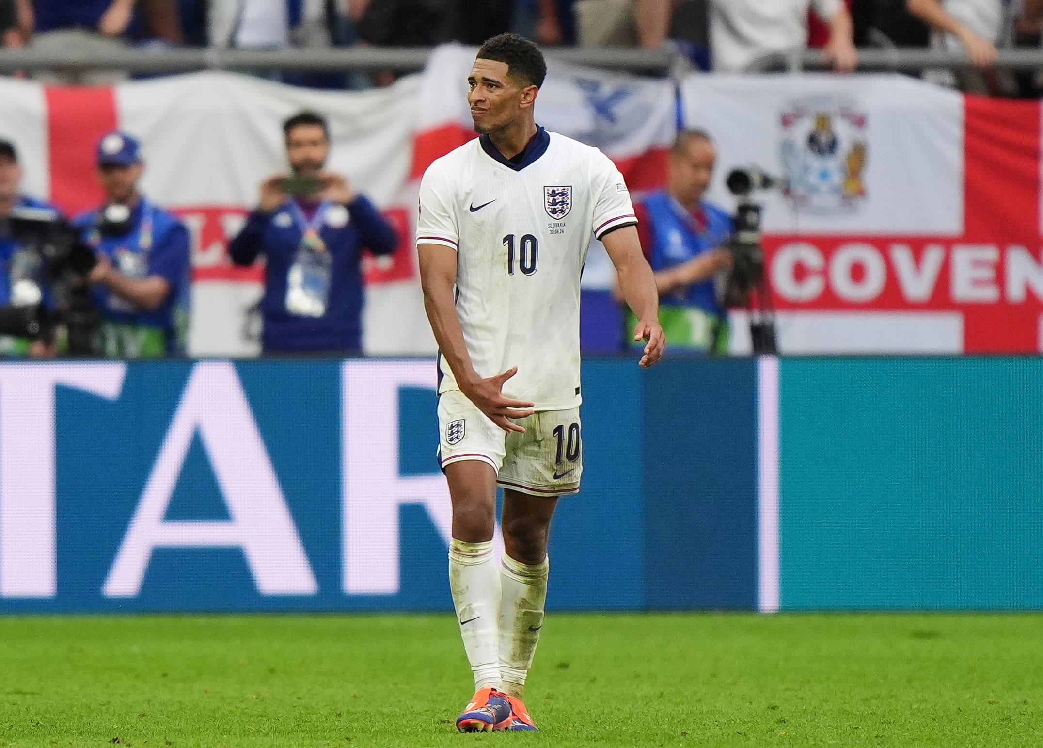 Jude Bellingham gestures to his crouch after scoring the equaliser for England against Slovakia. 