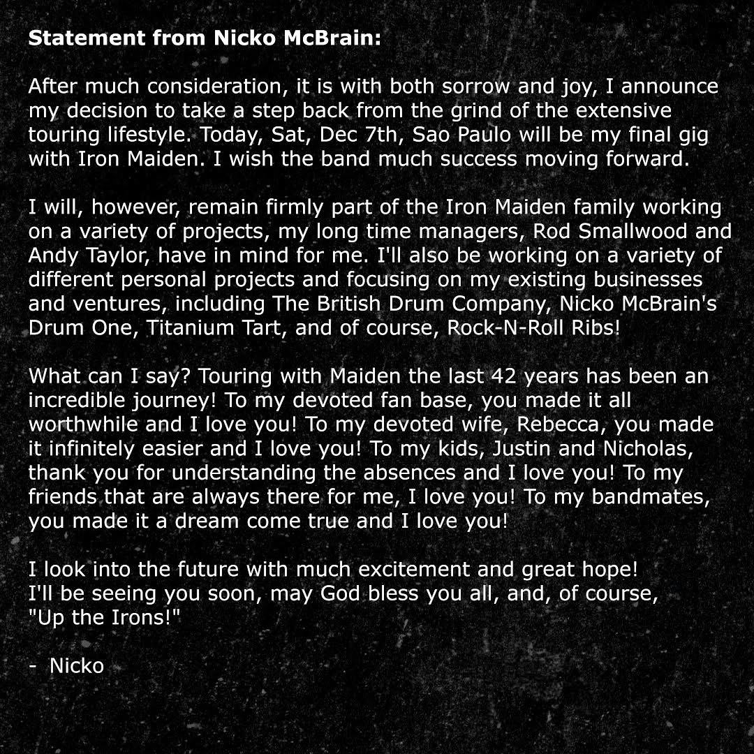 Nick McBrain announces retirement from touring with Iron Maiden