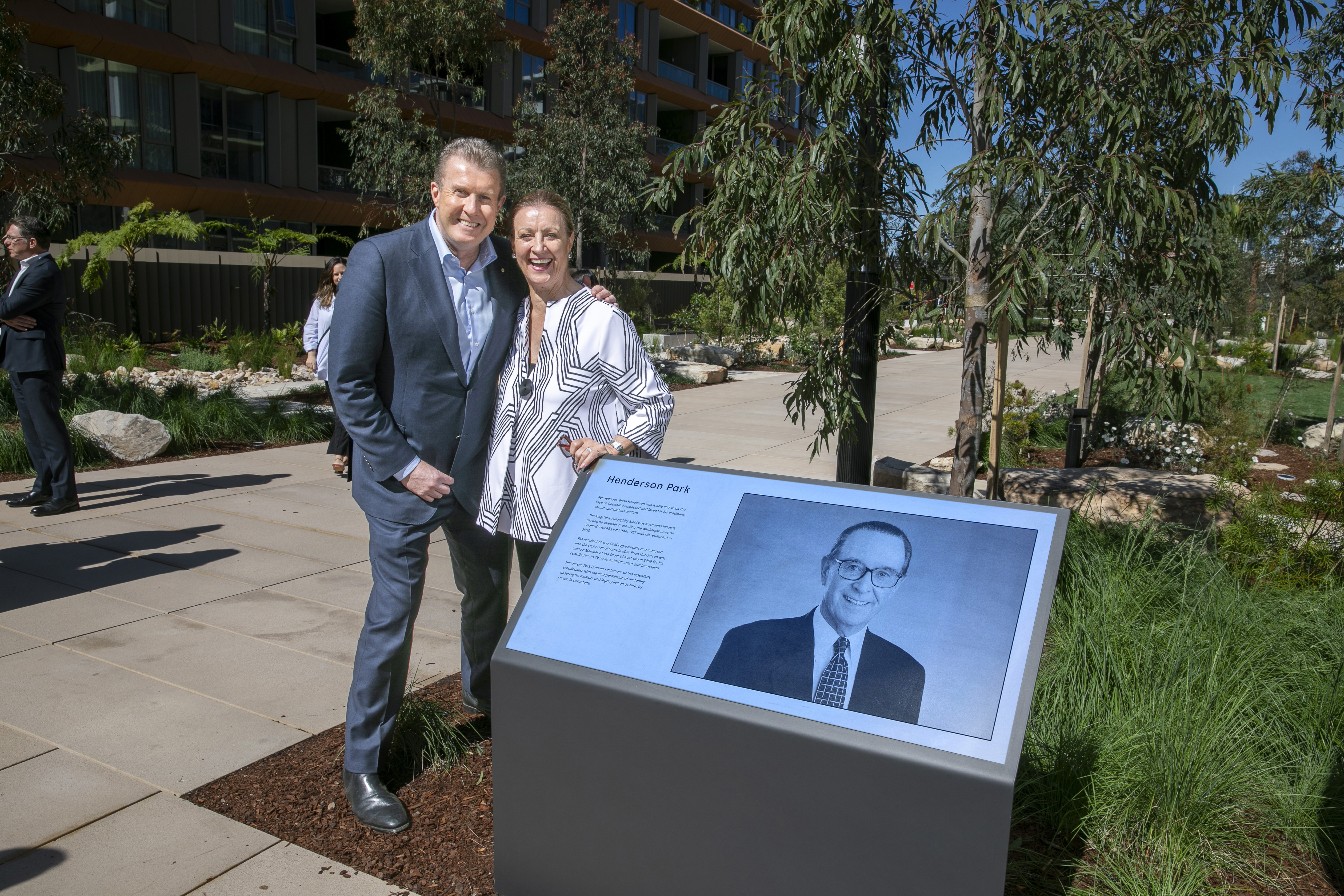 TV Legend Brian Henderson, has been honoured with the opening of Henderson Park at Nine by Mirvac, by his widow Mardi Henderson and current Nine Newsreader Peter Overton, and family & friends. Photography by Quentin Jones. 29 August 2024.