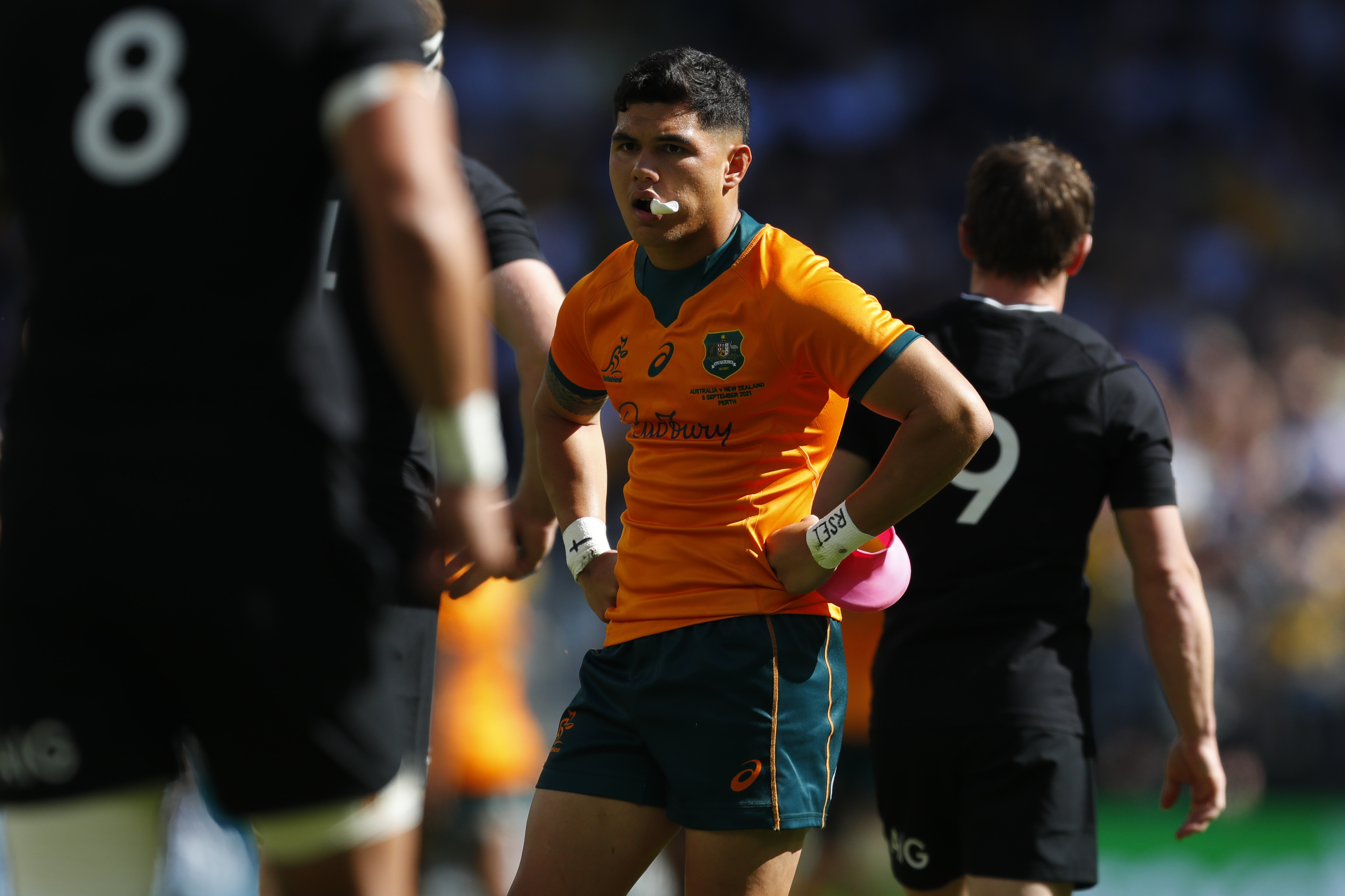 Noah Lolesio of the Wallabies reacts after a missed opportunity.