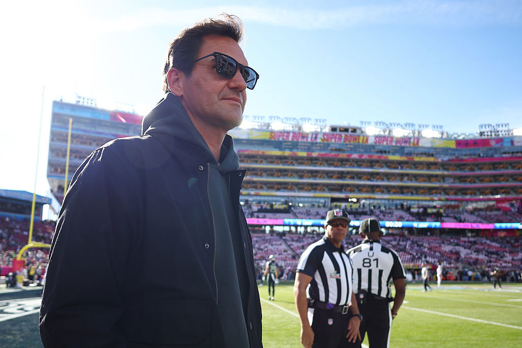 Roger Federer looks on from the field prior to Super Bowl LX between the Seattle Seahawks and the New England Patriots at Levi's Stadium on February 08, 2026 in Santa Clara, California.