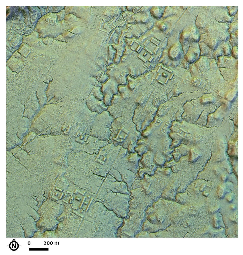 This LIDAR image provided by researchers in January 2024 shows a main street crossing an urban area in a lost Amazonian city