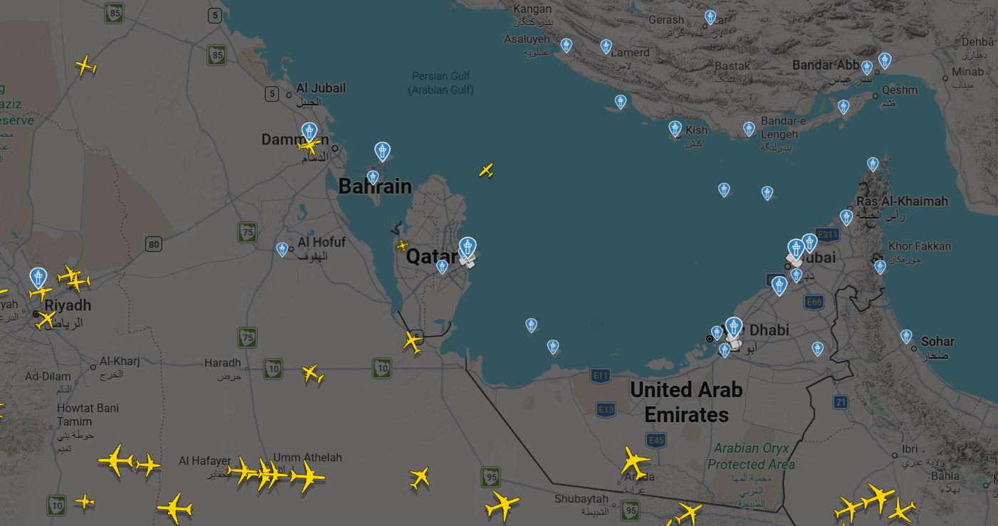 Flight Radar map showing Qatar