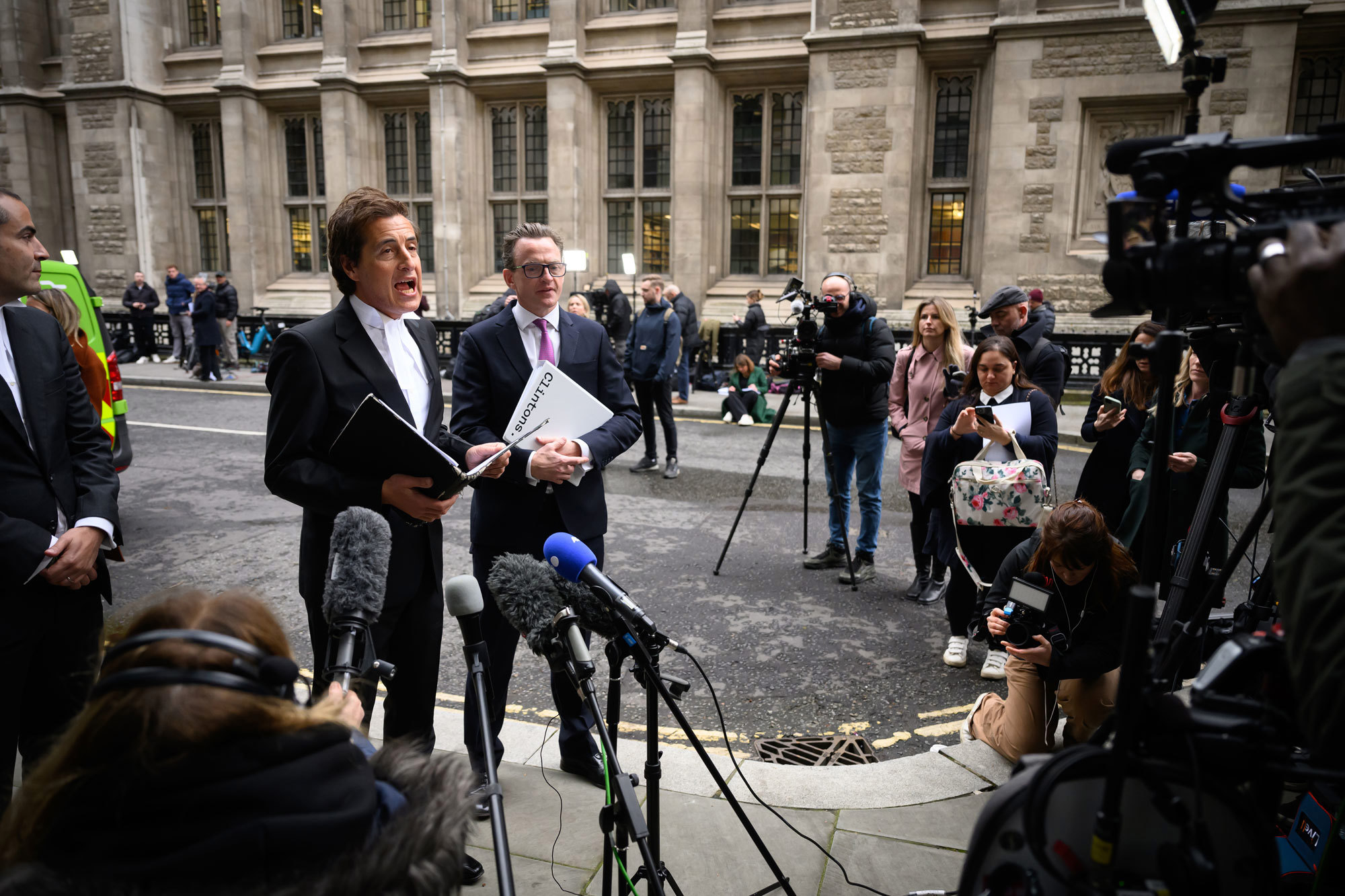 David Sherbourne reads a written statement on behalf of his legal client Prince Harry following the ruling in his favour in a lawsuit against the Mirror Group on December 15, 2023 in London