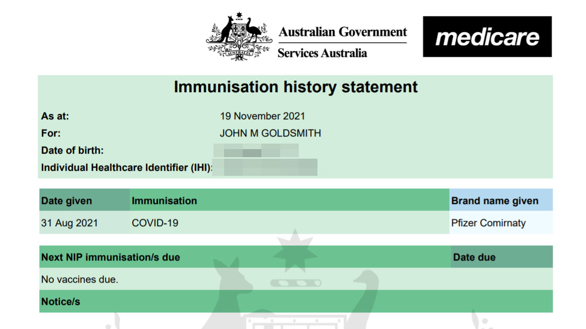 Mr Goldsmith's immunisation statement which says he has received one dose of the Pfizer vaccine.