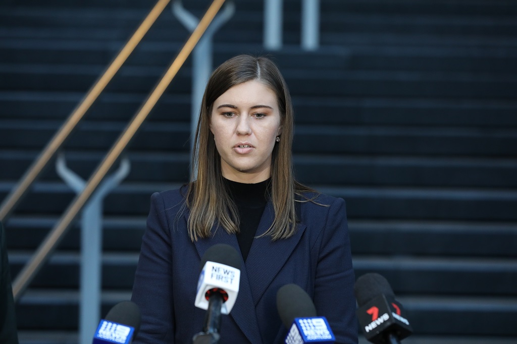 Former Political Staffer Brittany Higgins speaks to the media after meeting with Prime Minister Scott Morrison at the CPO in Sydney