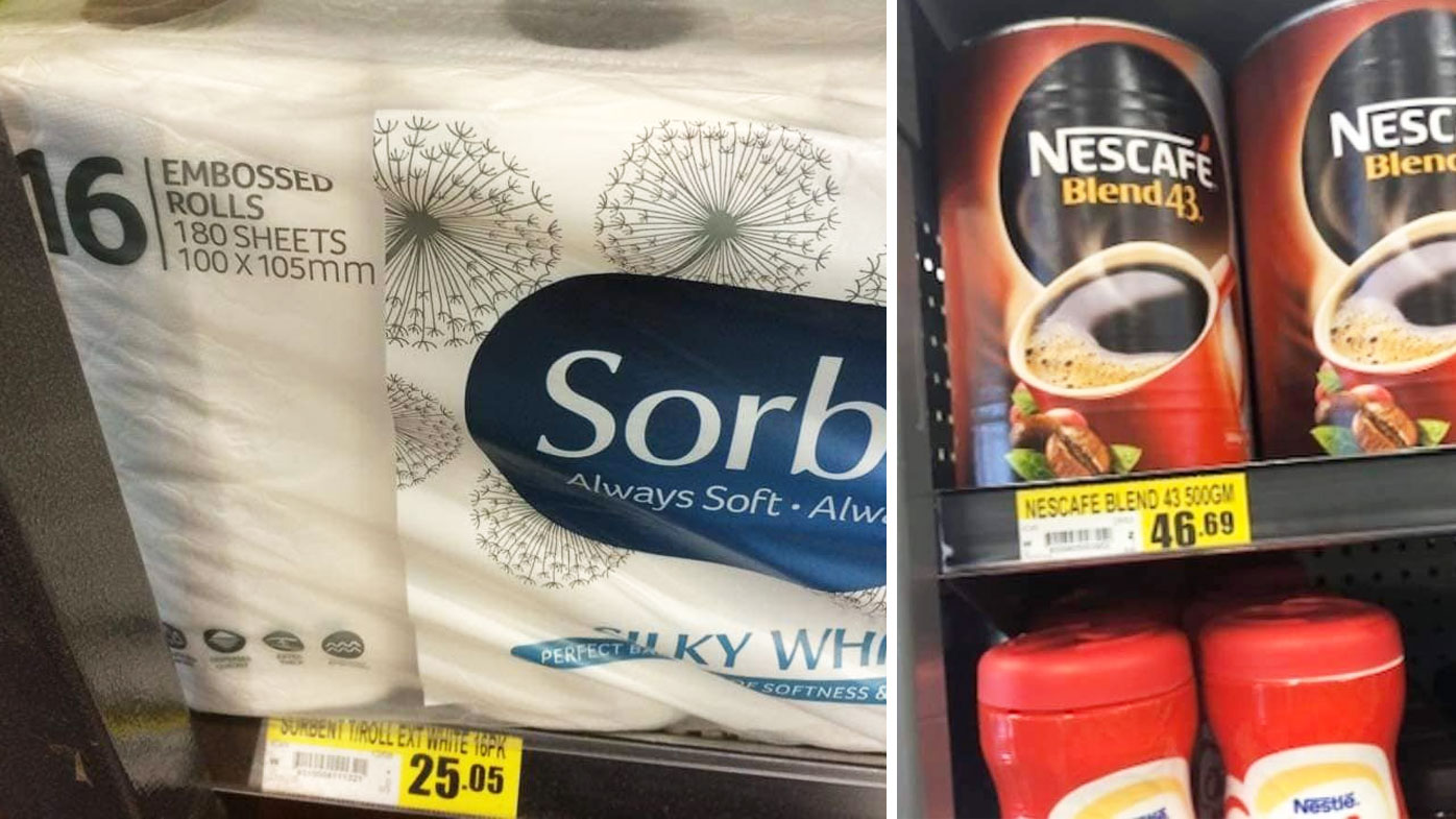 Photos show the cost of toilet paper in Hope Vale, and instant coffee in Weipa, both remote Queensland communities.
