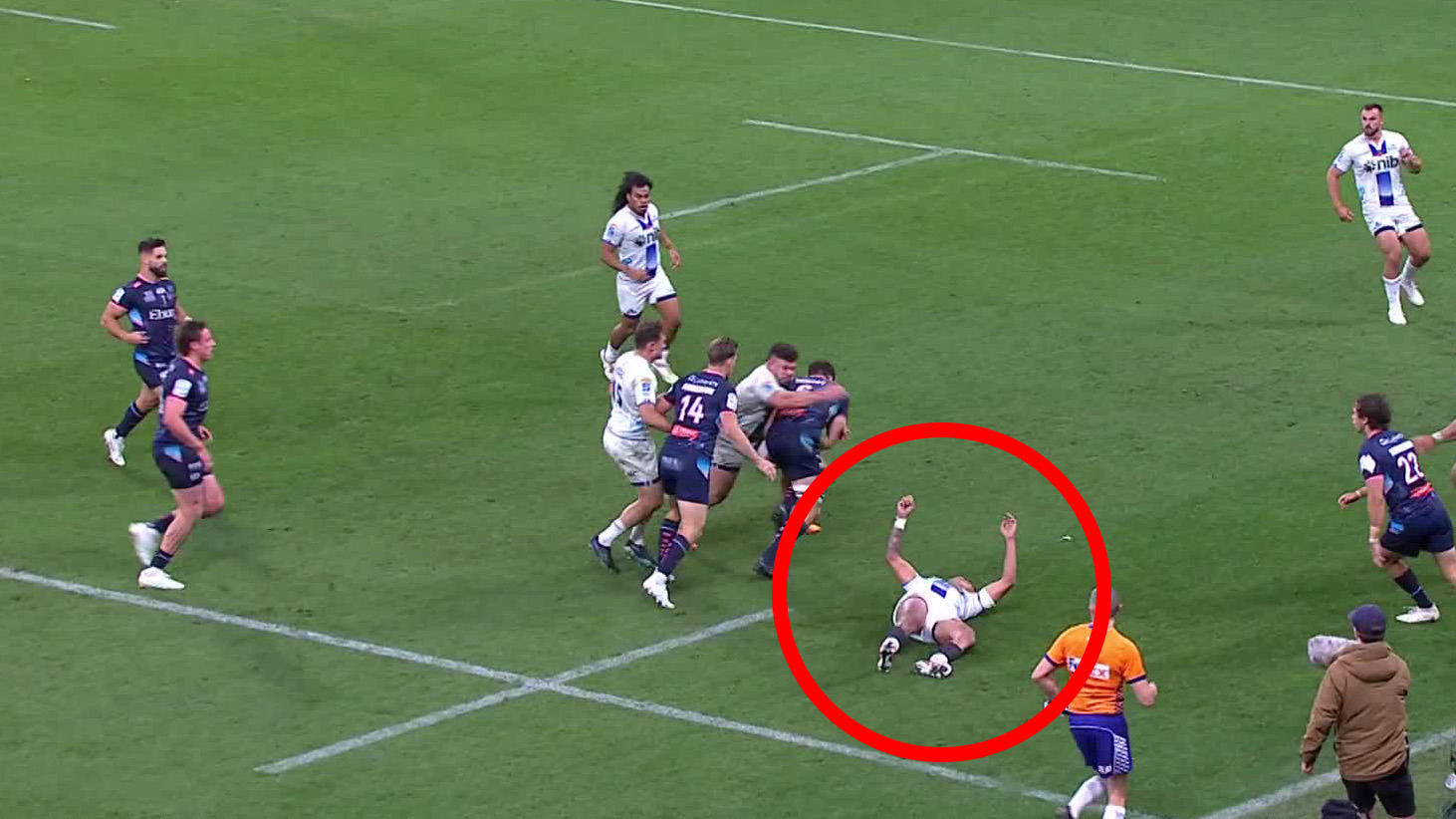 Rieko Ioane goes down after a head clash.