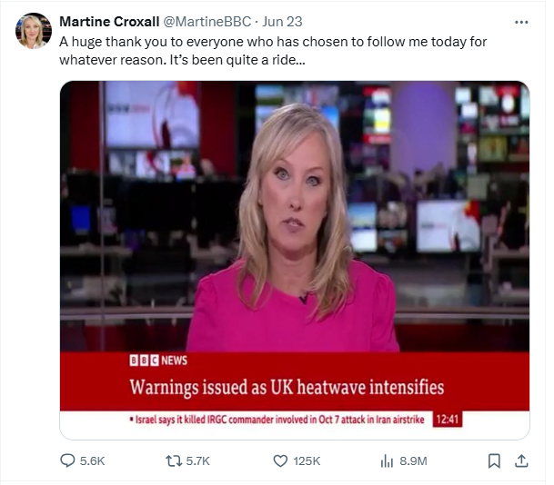 Croxall noted on X (formerly Twitter) that she had gained followers after the broadcast.﻿