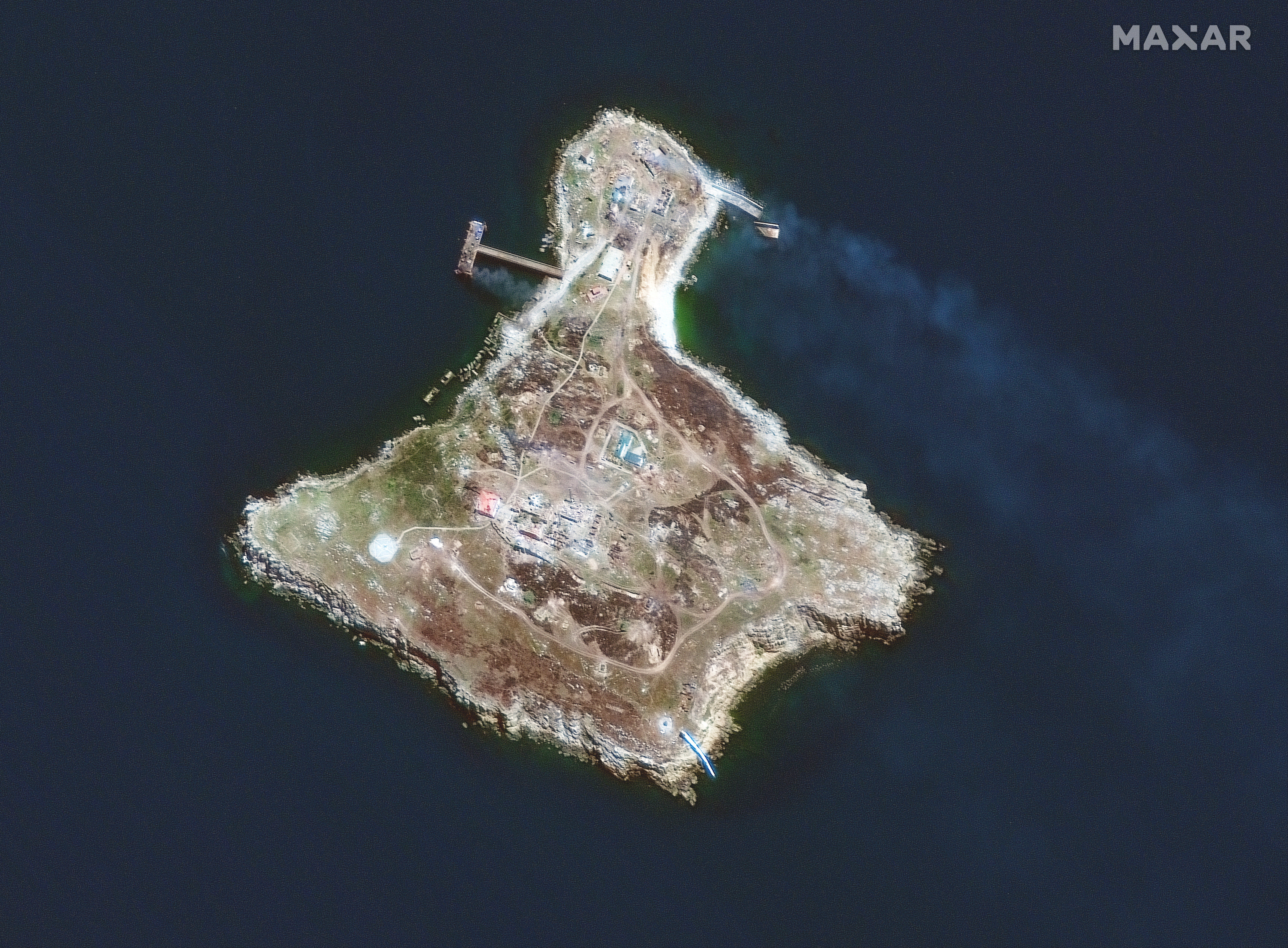 This image from Maxar Technologies shows an overview of Snake Island, in the Black Sea, on Thursday June 30, 2022.