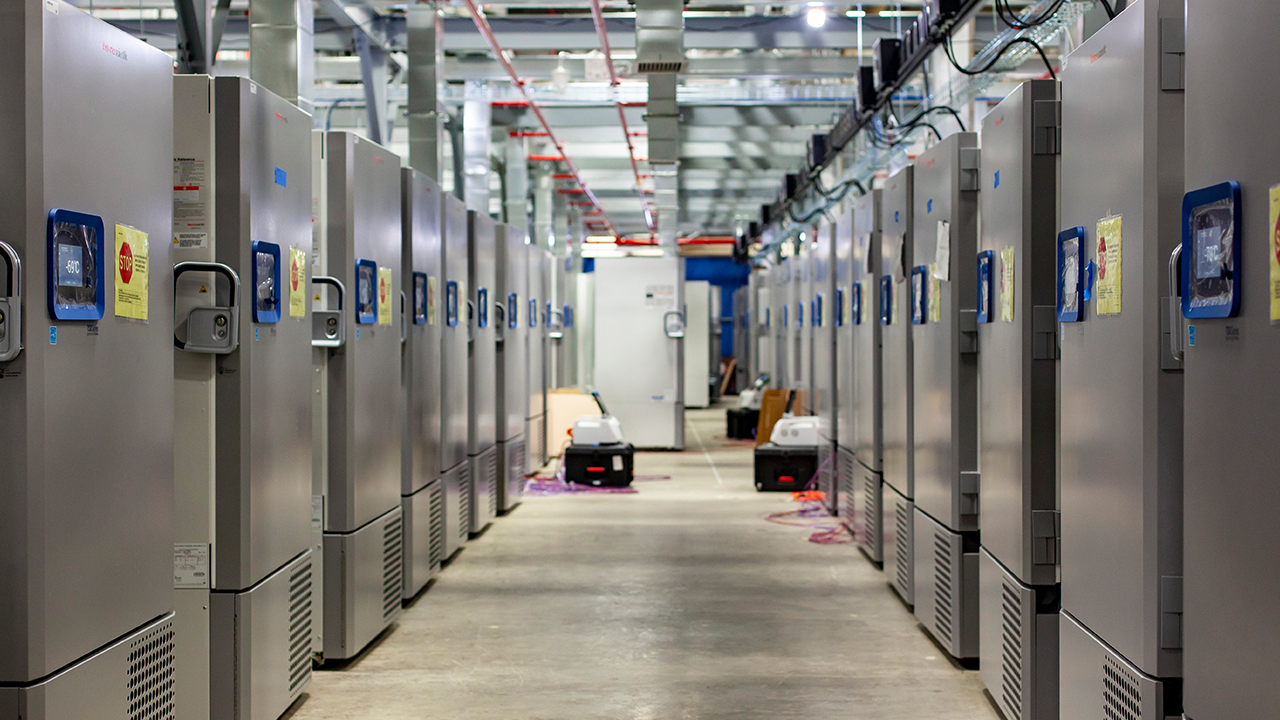 This photo provided by Pfizer shows part of a "freezer farm," a football field-sized facility for storing finished COVID-19 vaccines, under construction in Kalamazoo, Michigan. Pfizer's experimental vaccine requires ultracold storage, at about -70°C. (Jeremy Davidson/Pfizer via AP)
