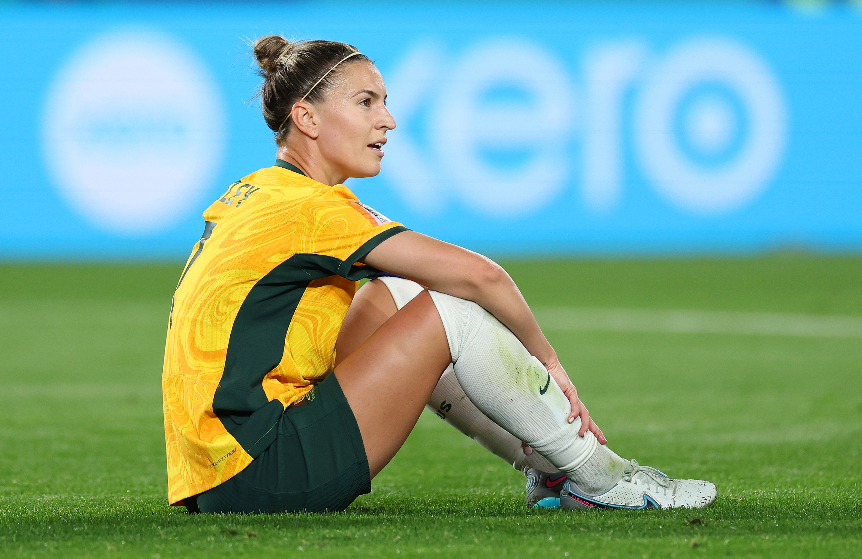 Steph Catley goes down with injured during the FIFA Women's World Cup during Australia's pool match against Denmark.