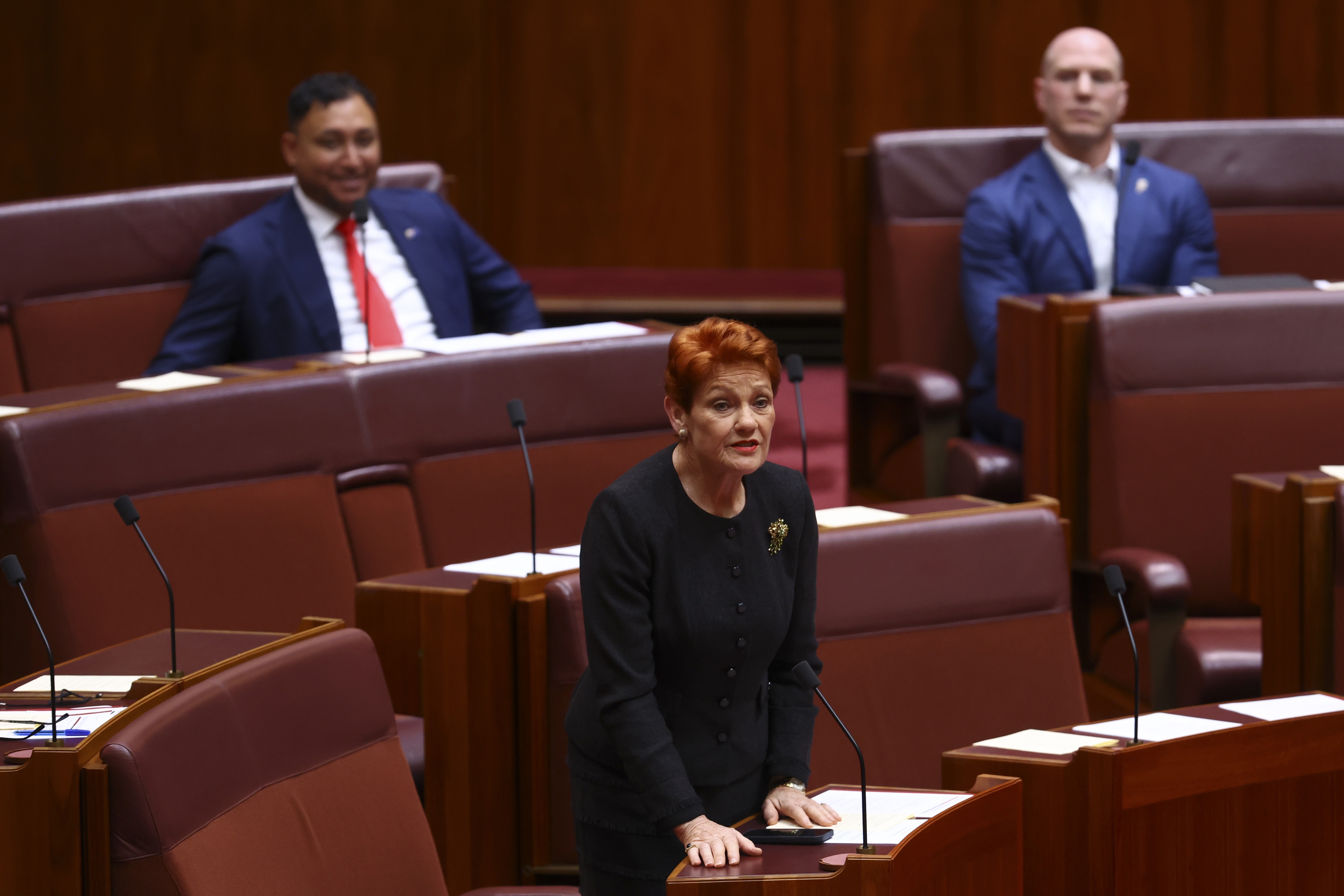 Senator Pauline Hanson nominates Senator David Pocock for Senate President during the opening of the 48th Parliament in the Senate at Parliament House in Canberra on July 22, 2025. FEDPOL. Photo: Dominic Lorrimer