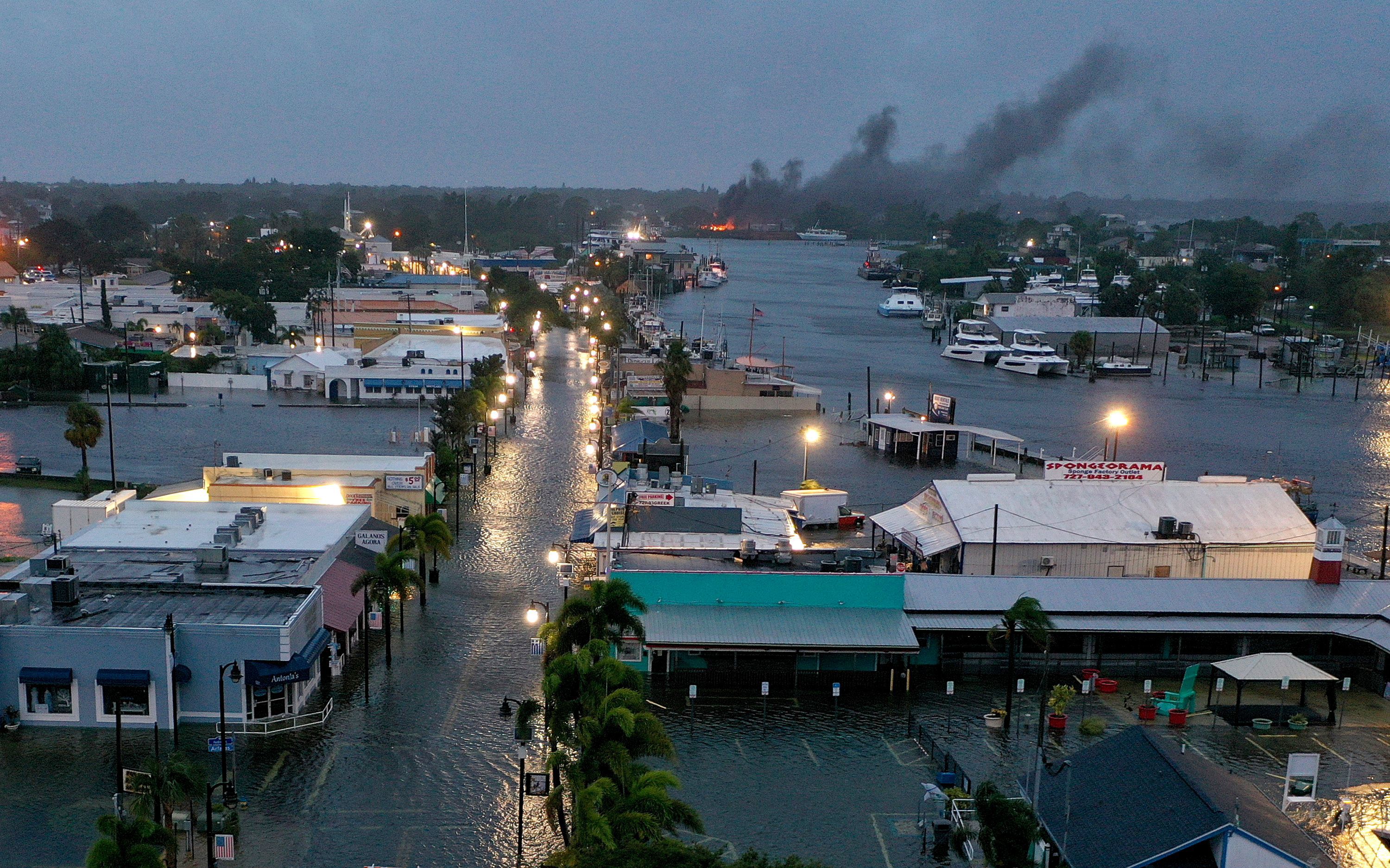 Floodwater innundates downtown Tarpon Springs, Florida, on the morning of August 30.