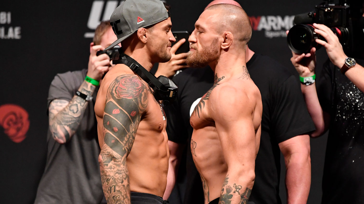 Conor McGregor and Dustin Poirier face-off ahead of UFC 257. (Getty)