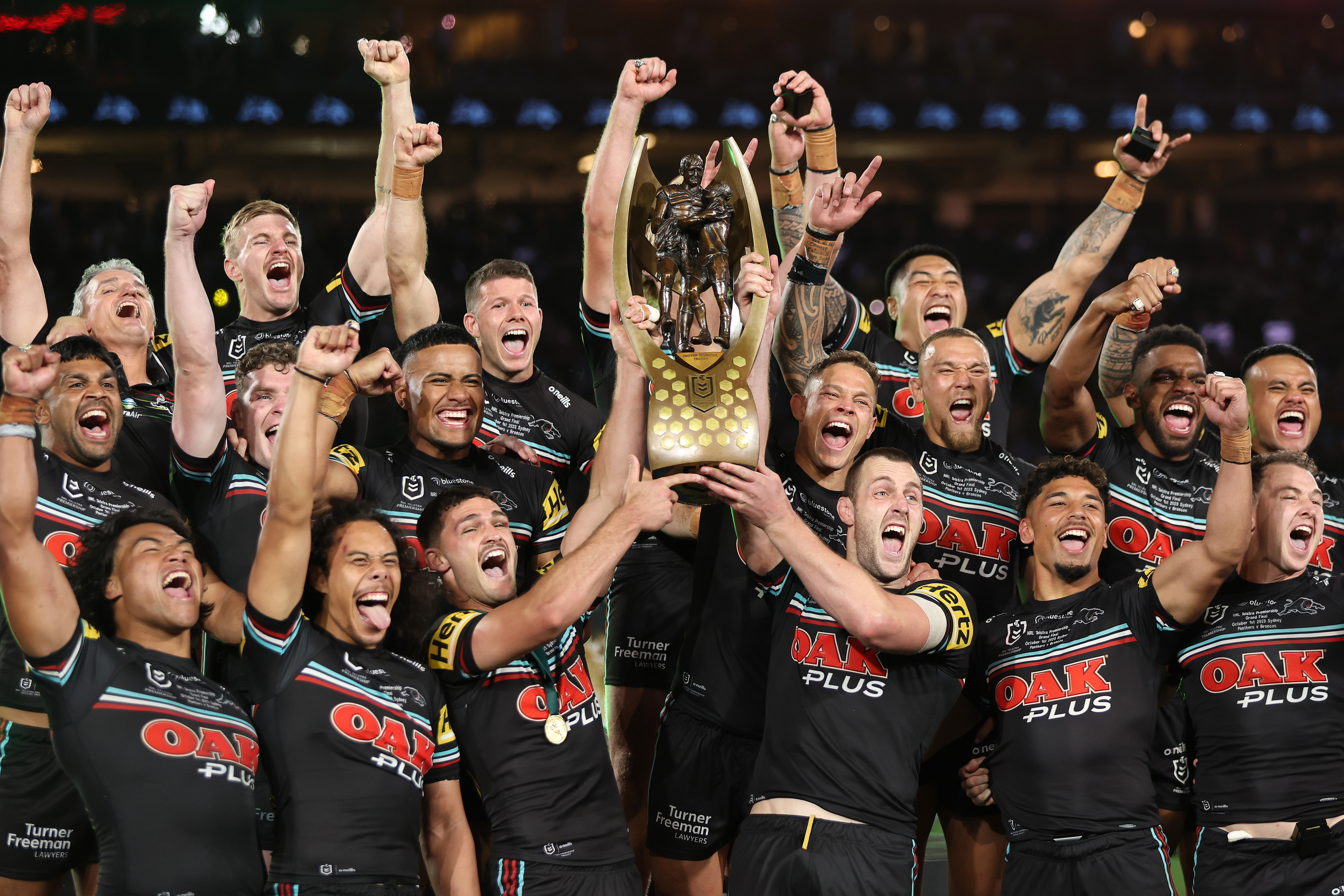 The Penrith Panthers celebrate winning the 2023 NRL grand final.