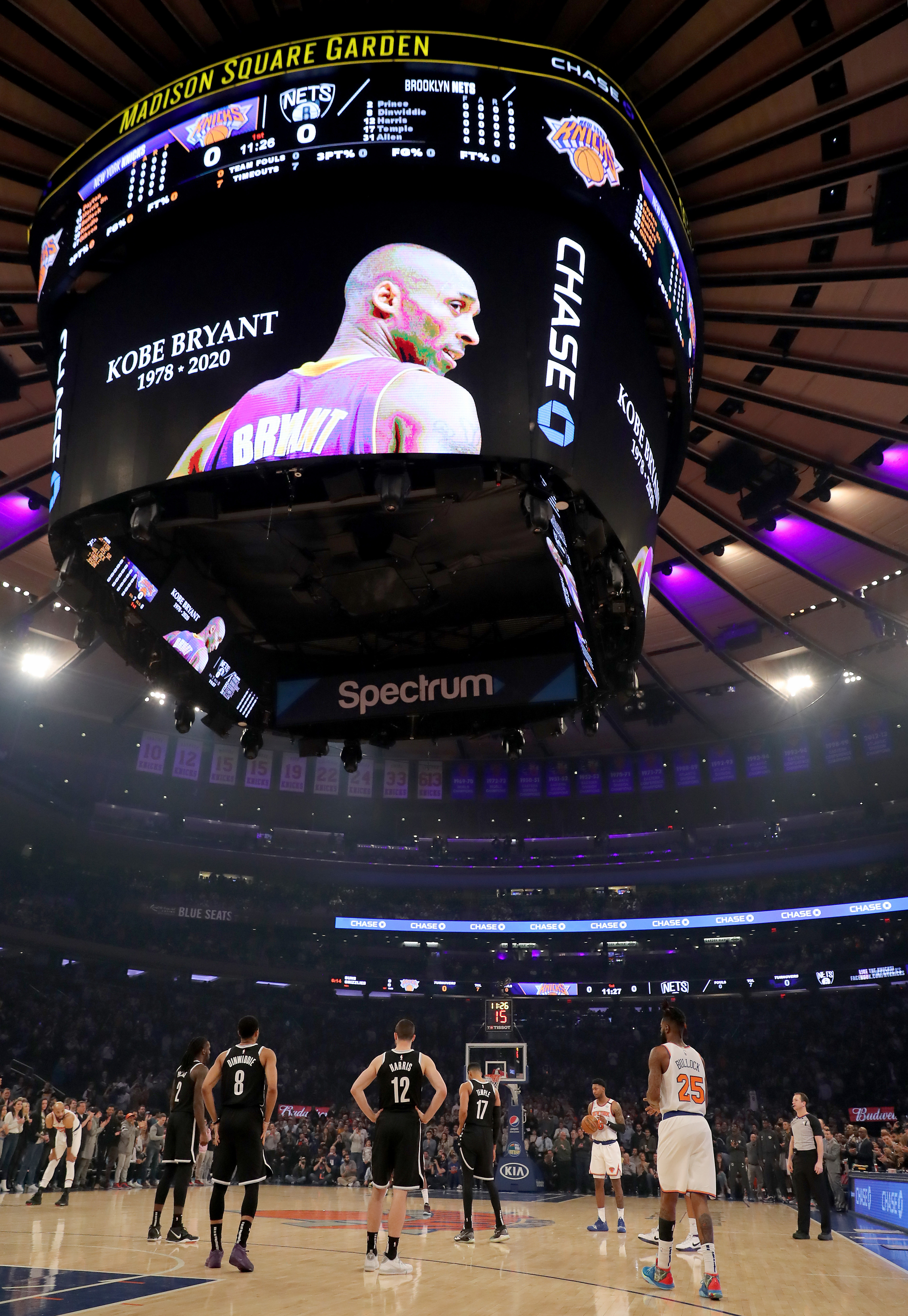The New York Knicks and the Brooklyn Nets honour Kobe Bryant at Madison Square Garden, in New York City.
