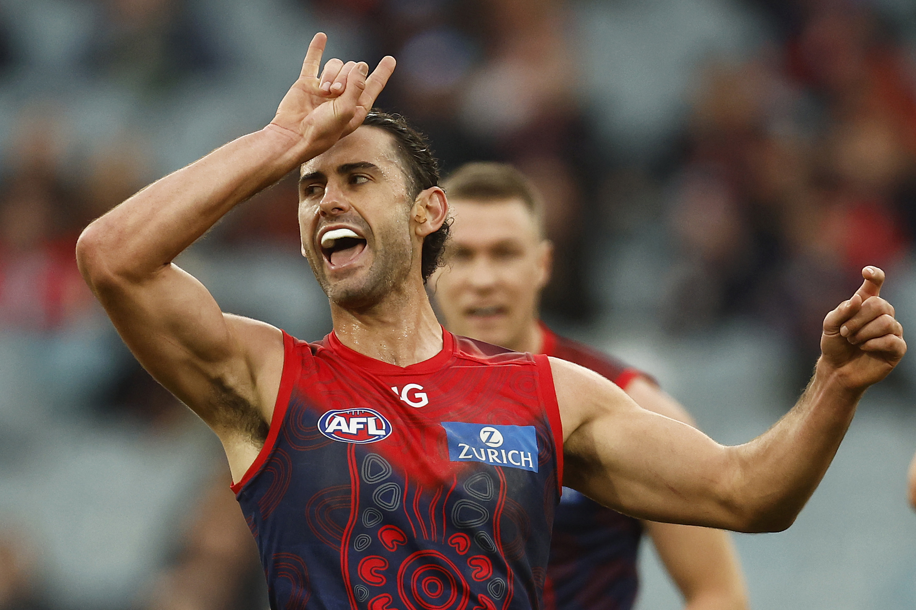 MELBOURNE, AUSTRALIA - MAY 27: Brodie Grundy of the Demons celebrates kicking a goal during the round 11 AFL match between Narrm Football Club / Melbourne Demons and Walyalup / Fremantle Dockers at Melbourne Cricket Ground, on May 27, 2023, in Melbourne, Australia. (Photo by Daniel Pockett/AFL Photos/via Getty Images )