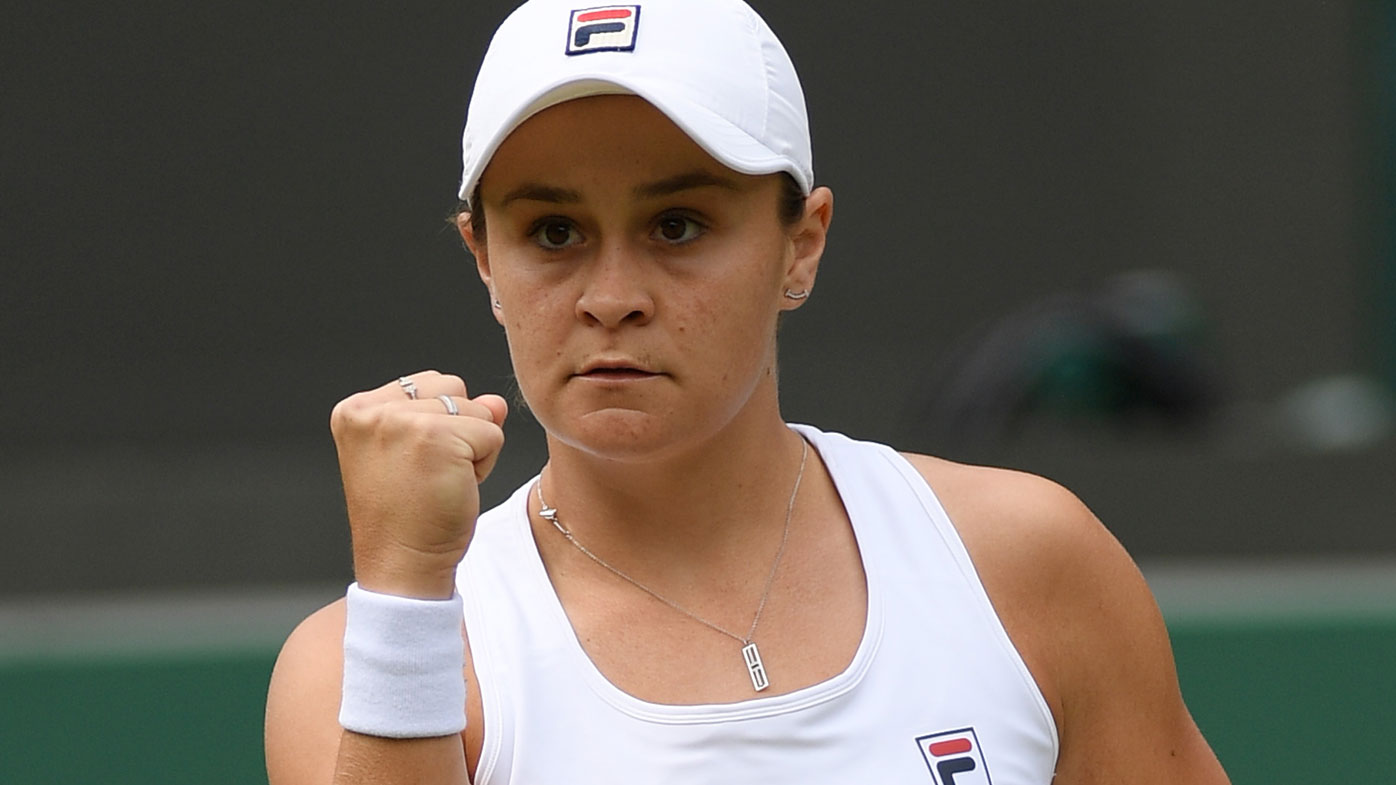 Ash Barty celebrates another win at Wimbledon.