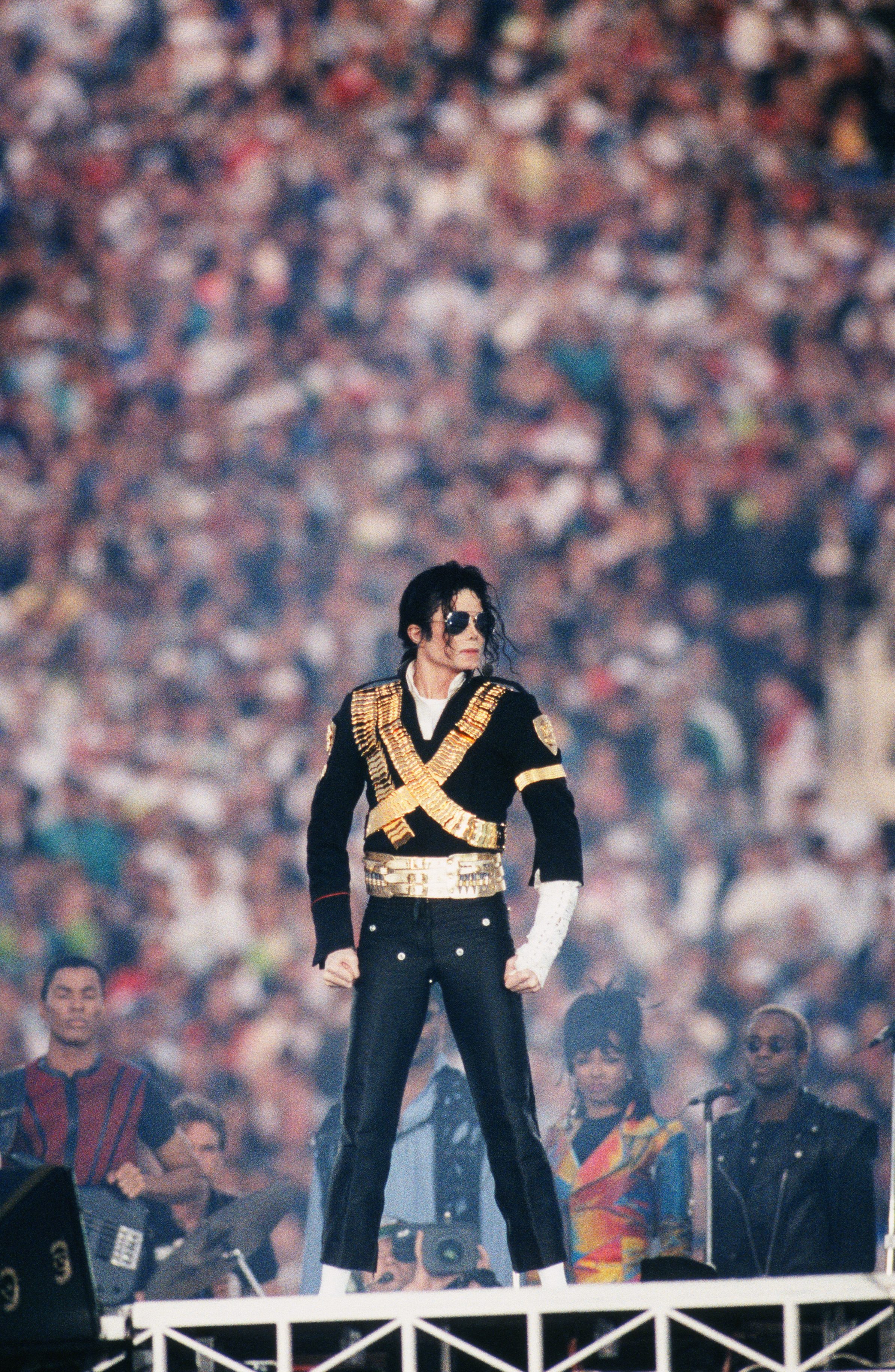 Singer Michael Jackson performs at the 1993 Pasadena, California, Superbowl XXVII halftime show. The 