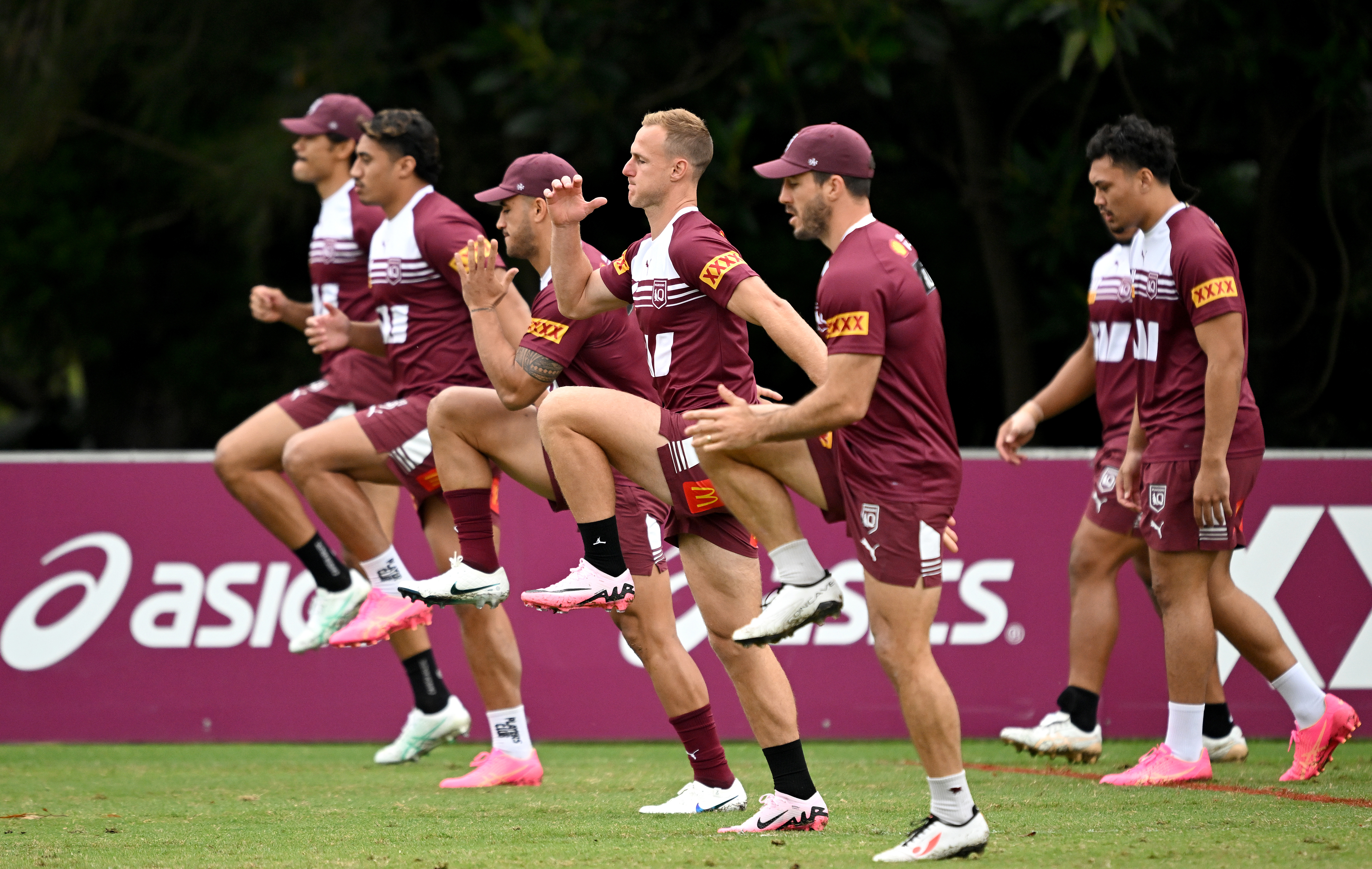 Daly Cherry-Evans and Ben Hunt during Maroons training.