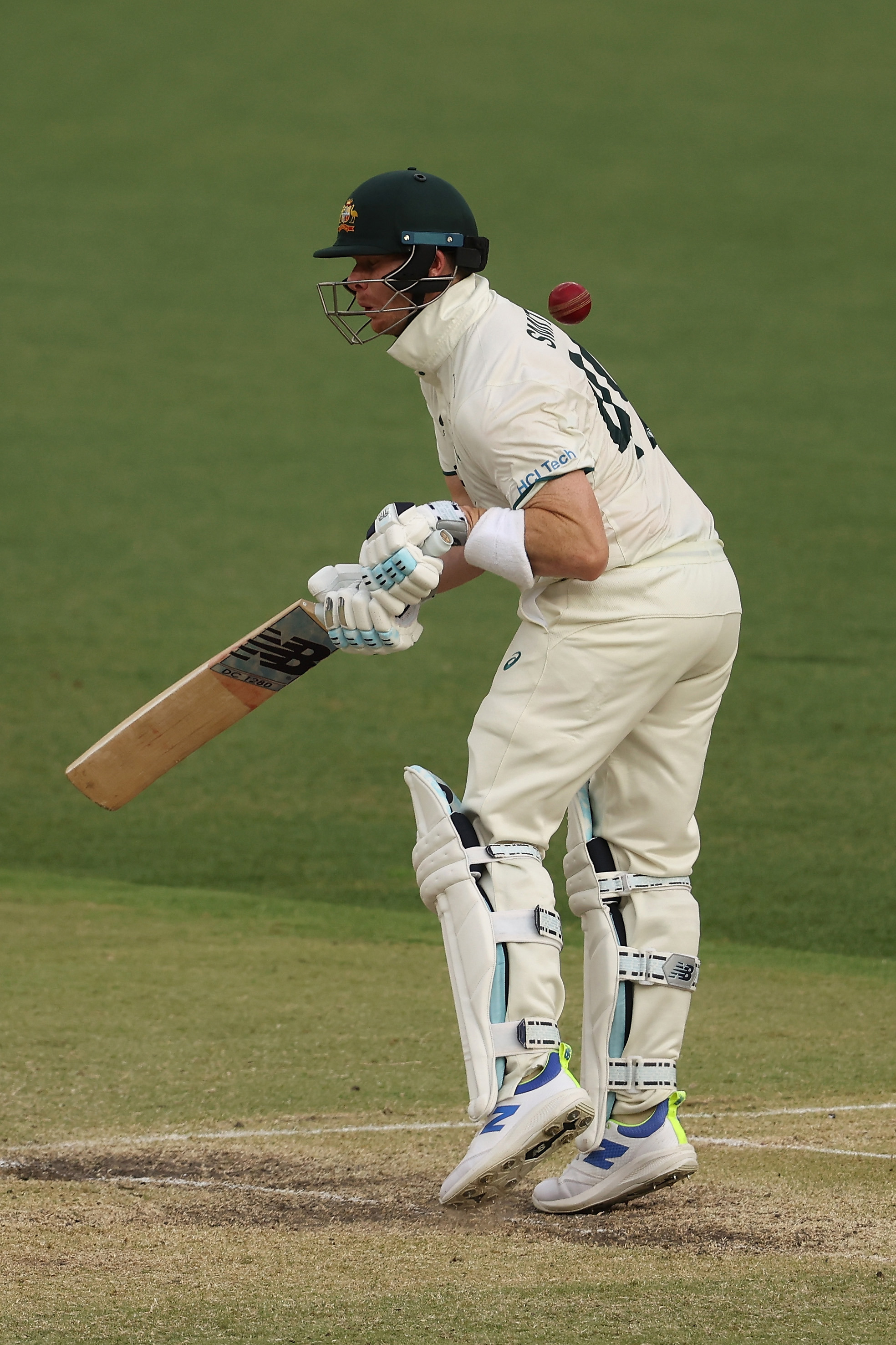 PERTH, AUSTRALIA - DECEMBER 16: Steve Smith of Australia is stuck by a delivery from Shaheen Shah Afridi of Pakistan during day three of the Men's First Test match between Australia and Pakistan at Optus Stadium on December 16, 2023 in Perth, Australia (Photo by Paul Kane/Getty Images)