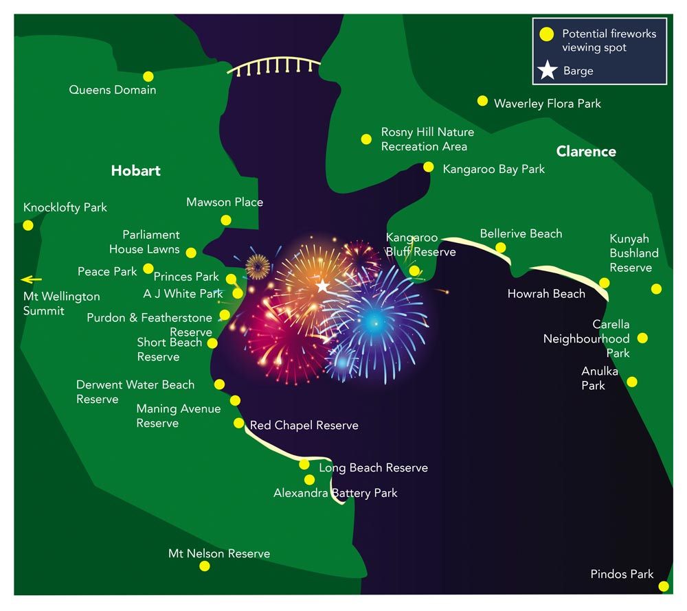 Map of New Year's Eve fireworks viewing locations in Hobart.