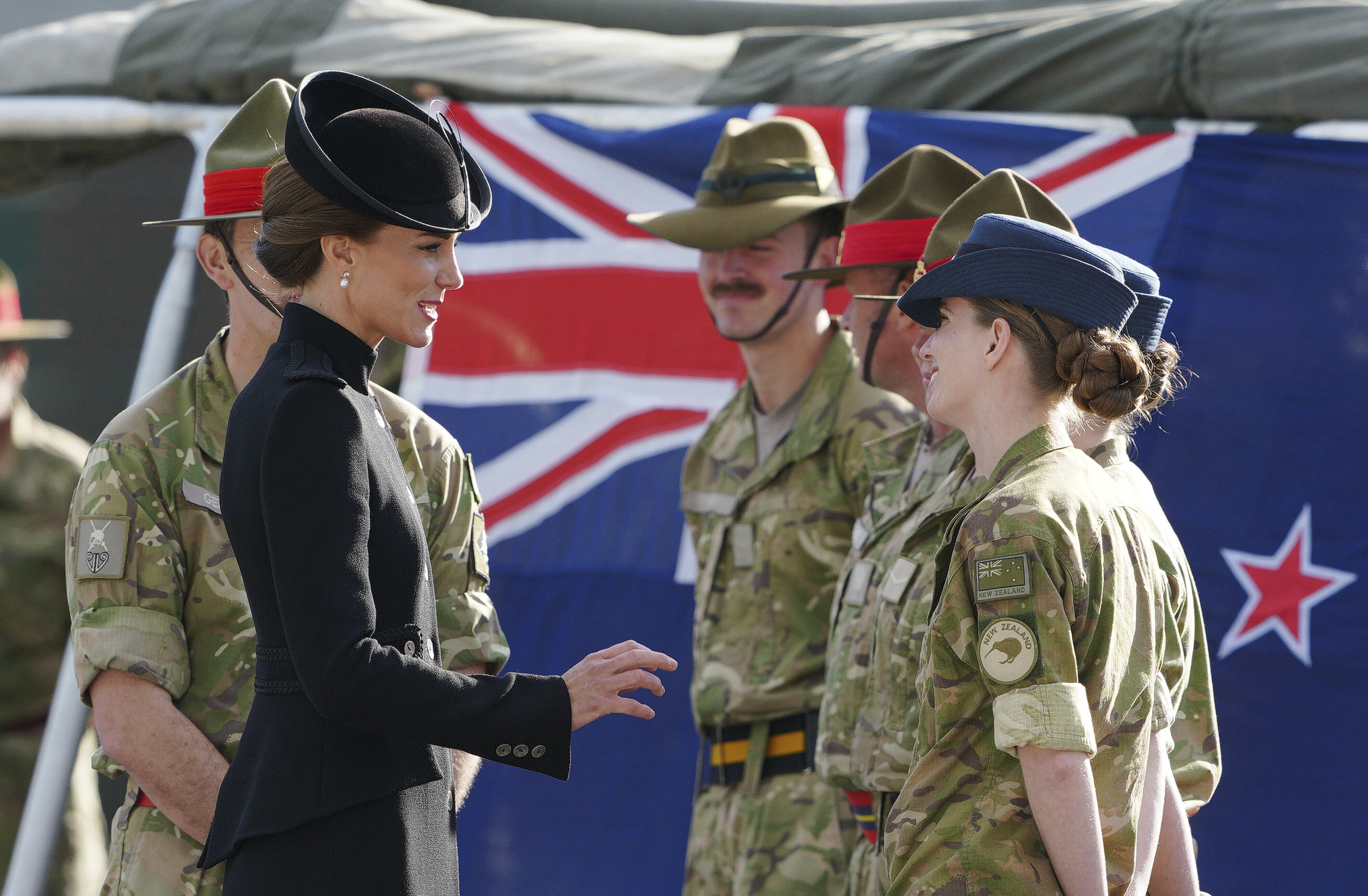 The Princess of Wales at the Army Training Centre (ATC) Pirbright in Guildford, Surrey, meeting troops from the Commonwealth who have been deployed to the UK to take part in the funeral of Queen Elizabeth II.