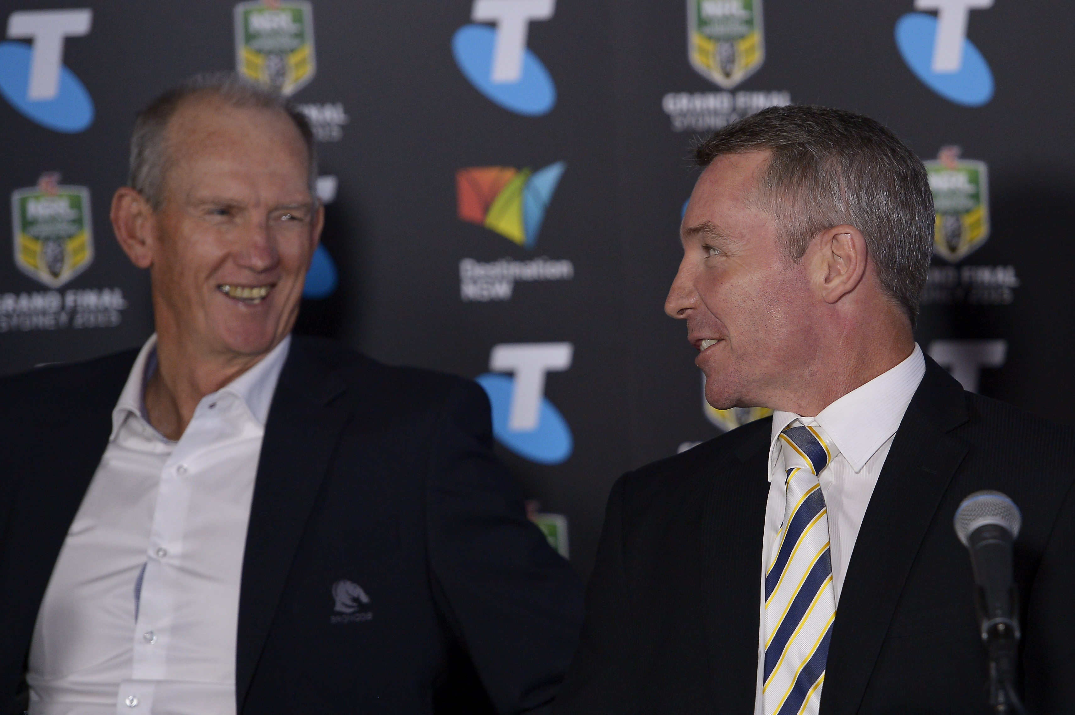 Wayne Bennett and Paul Green speak during the official 2015 NRL Grand Final press conference.