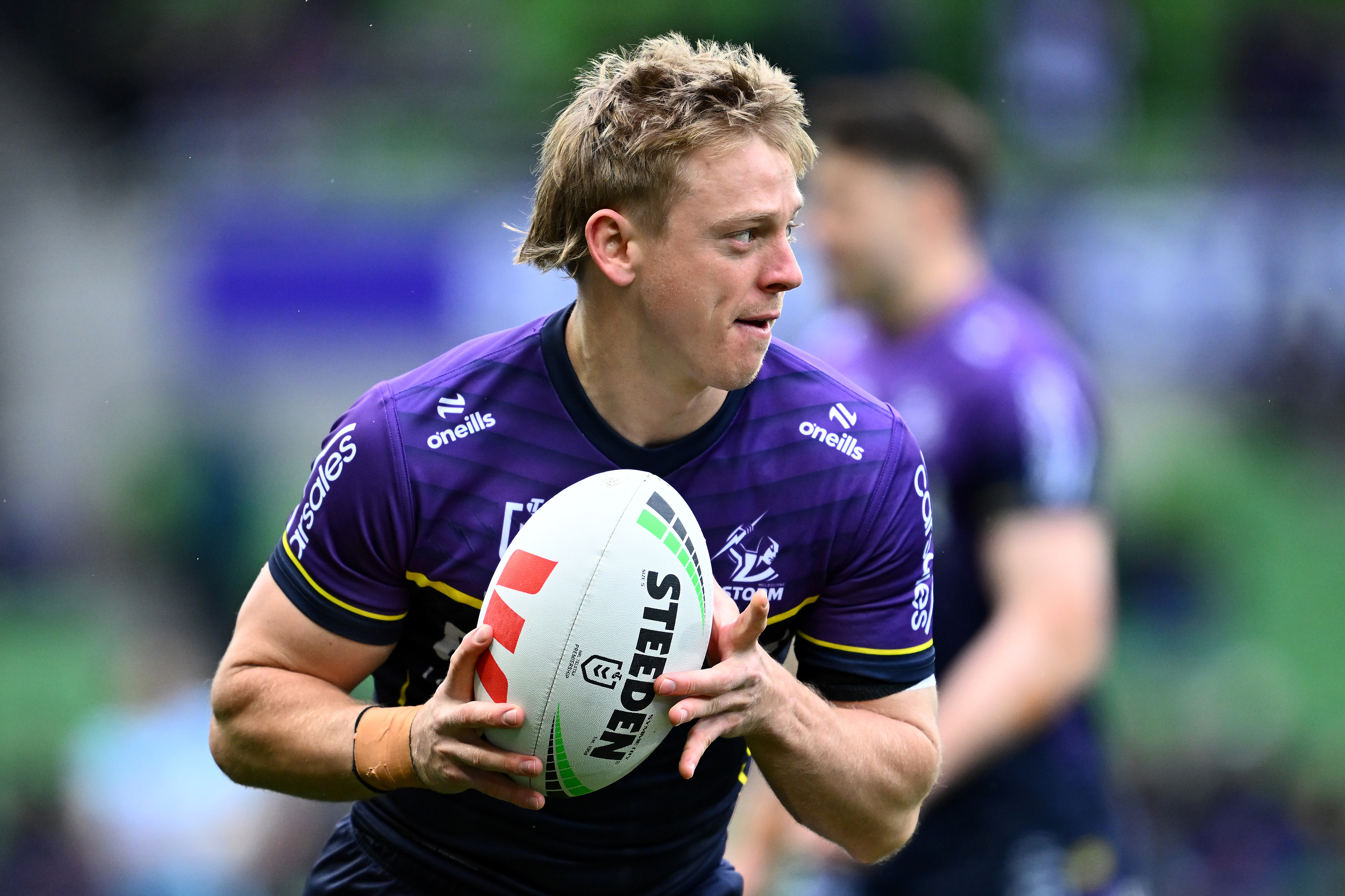 Tyran Wishart of the Storm warms up before the NRL Qualifying Final match between Melbourne Storm and Cronulla Sharks at AAMI Park on September 14, 2024 in Melbourne, Australia. (Photo by Quinn Rooney/Getty Images)