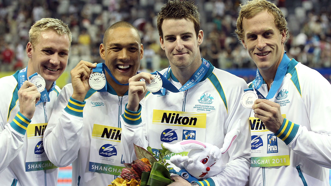 (L-R) Brenton Rickard, Geoff Huegill, James Magnussen and Hayden Stoeckel of Australia pose with their silver medals after the Men's 4x100m Medley Relay during Day Sixteen of the 14th FINA World Championships at the Oriental Sports Center on July 31, 2011 in Shanghai, China