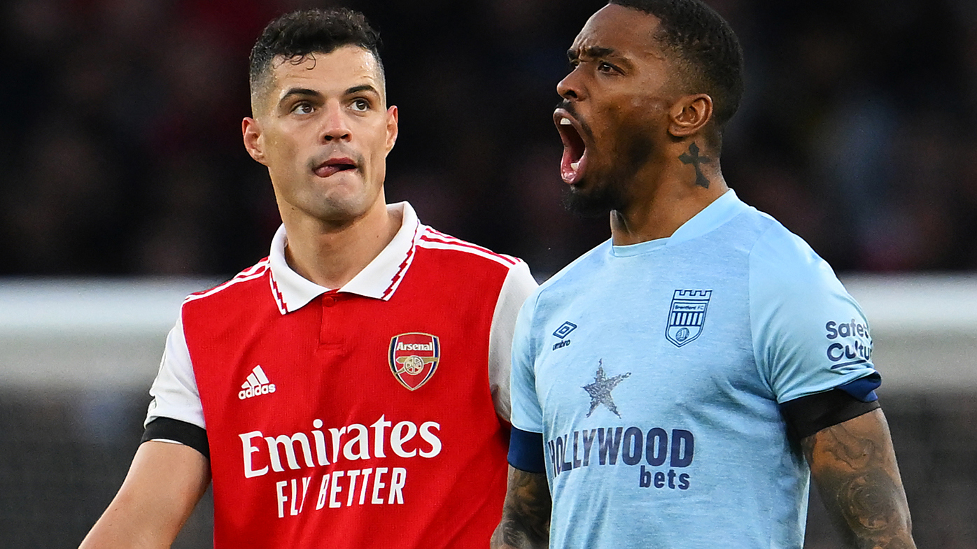 Ivan Toney of Brentford celebrates after scoring the equaliser against Arsenal.