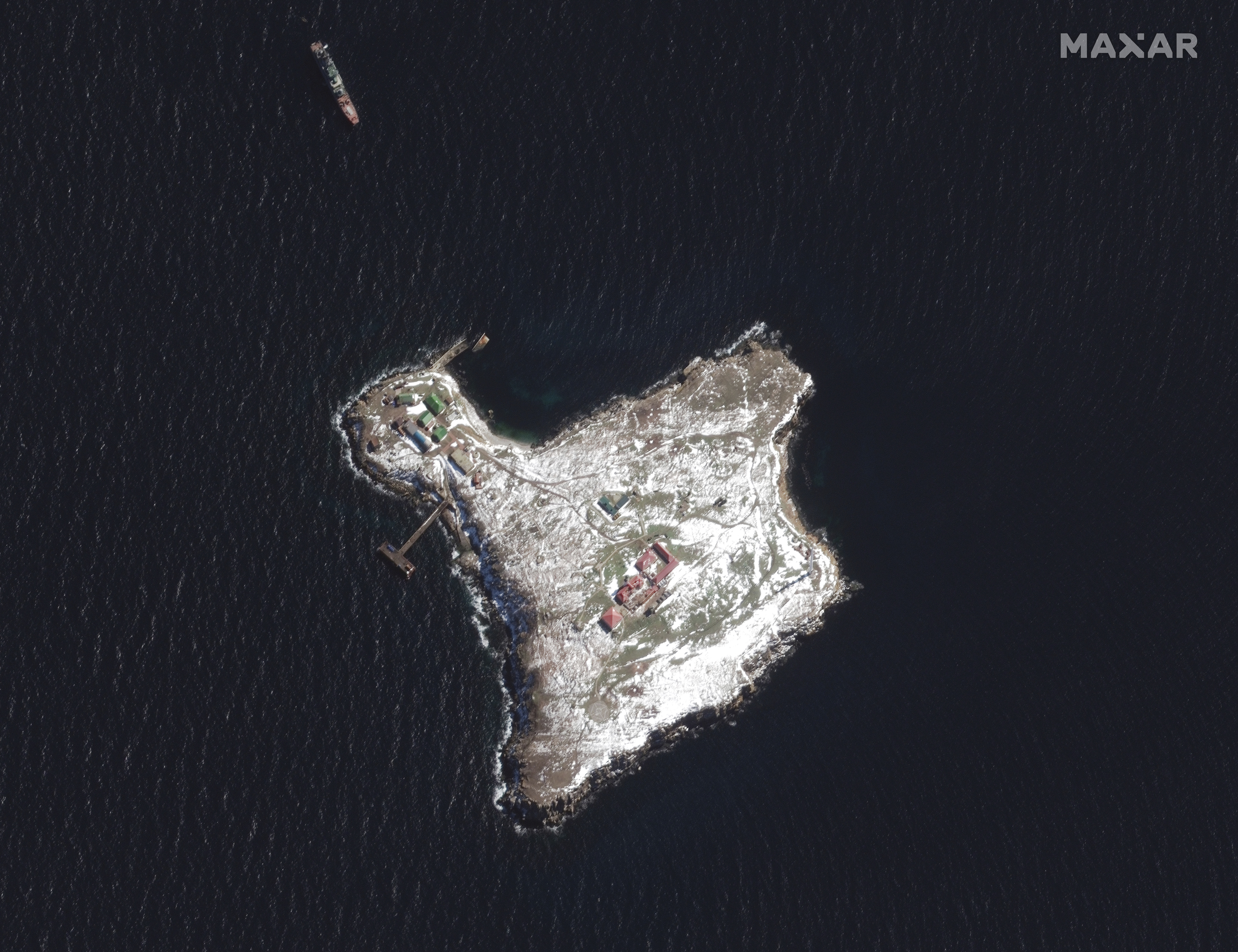 The image, taken on Sunday by Maxar Technologies, shows damage to some buildings from Russian military strikes, as well as a Russian naval vessel anchored in the Black Sea.