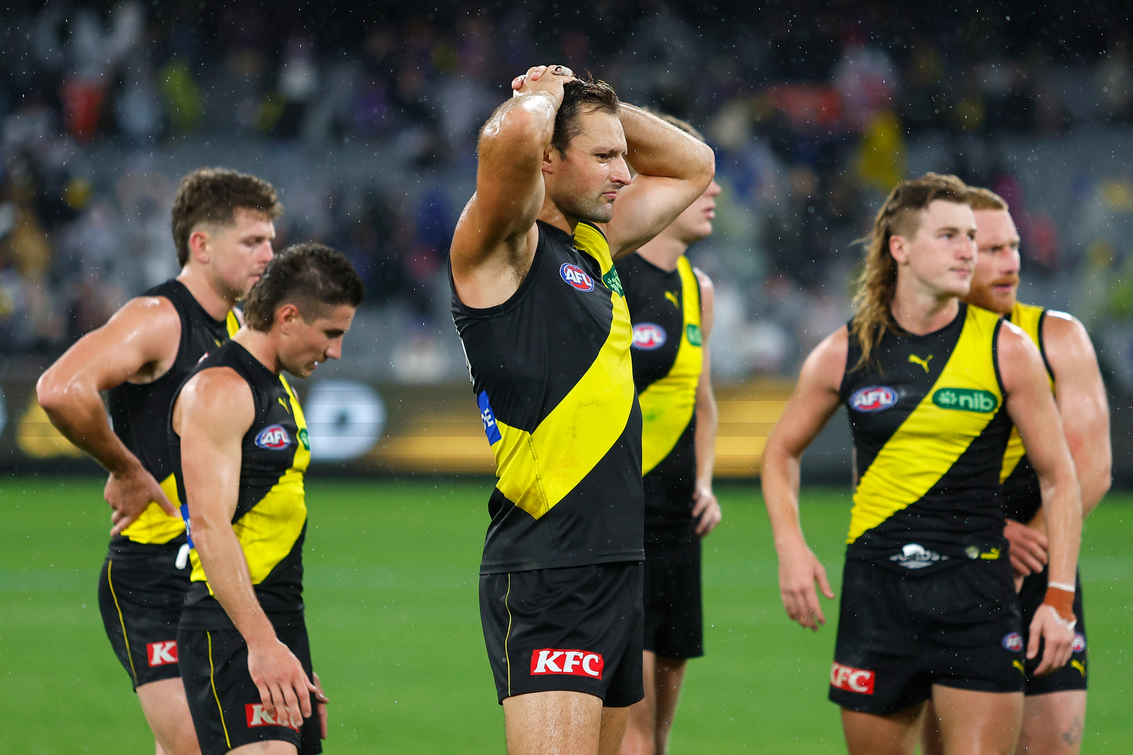 MELBOURNE - APRIL 08: Toby Nankervis of the Tigers looks dejected after a loss during the 2023 AFL Round 04 match between the Richmond Tigers and the Western Bulldogs at the Melbourne Cricket Ground on April 8, 2023 in Melbourne, Australia. (Photo by Dylan Burns/AFL Photos)